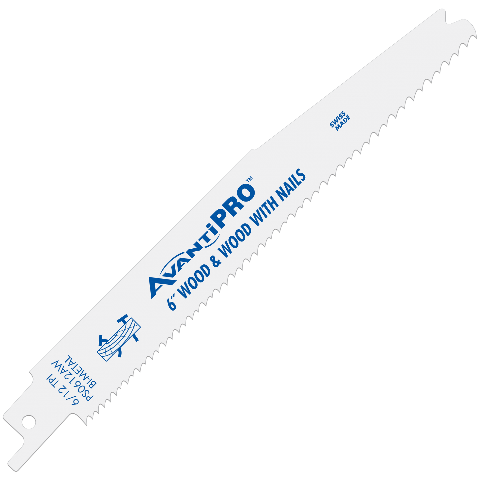 AvantiPro 6" bi-metal reciprocating saw blade with 6/12 TPI teeth, marked for wood and wood with nails cutting.