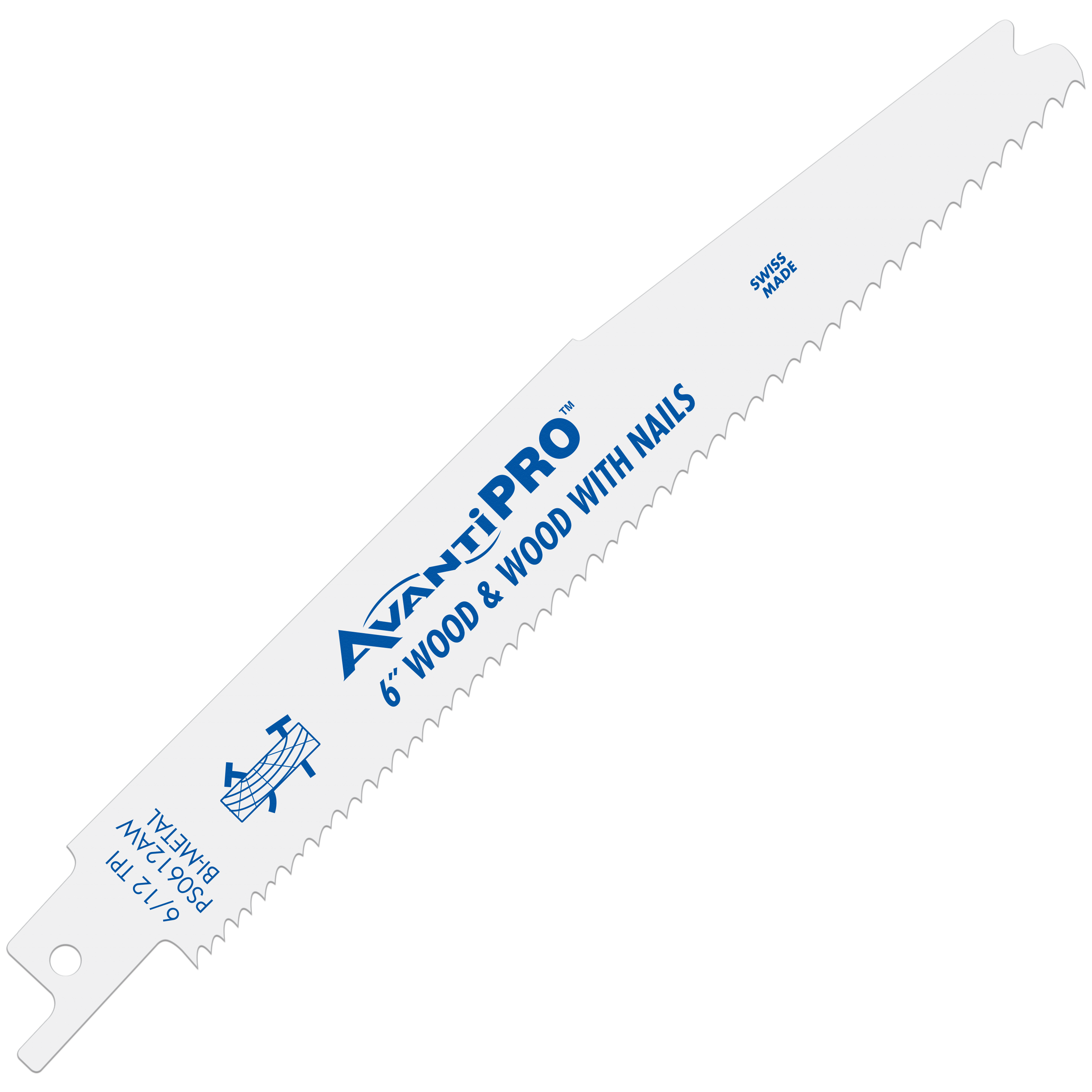 Silver bi-metal reciprocating saw blade with serrated cutting edge, labeled for wood and wood with nails.