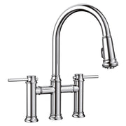 Chrome bridge kitchen faucet with dual lever handles and pull-down spray head.