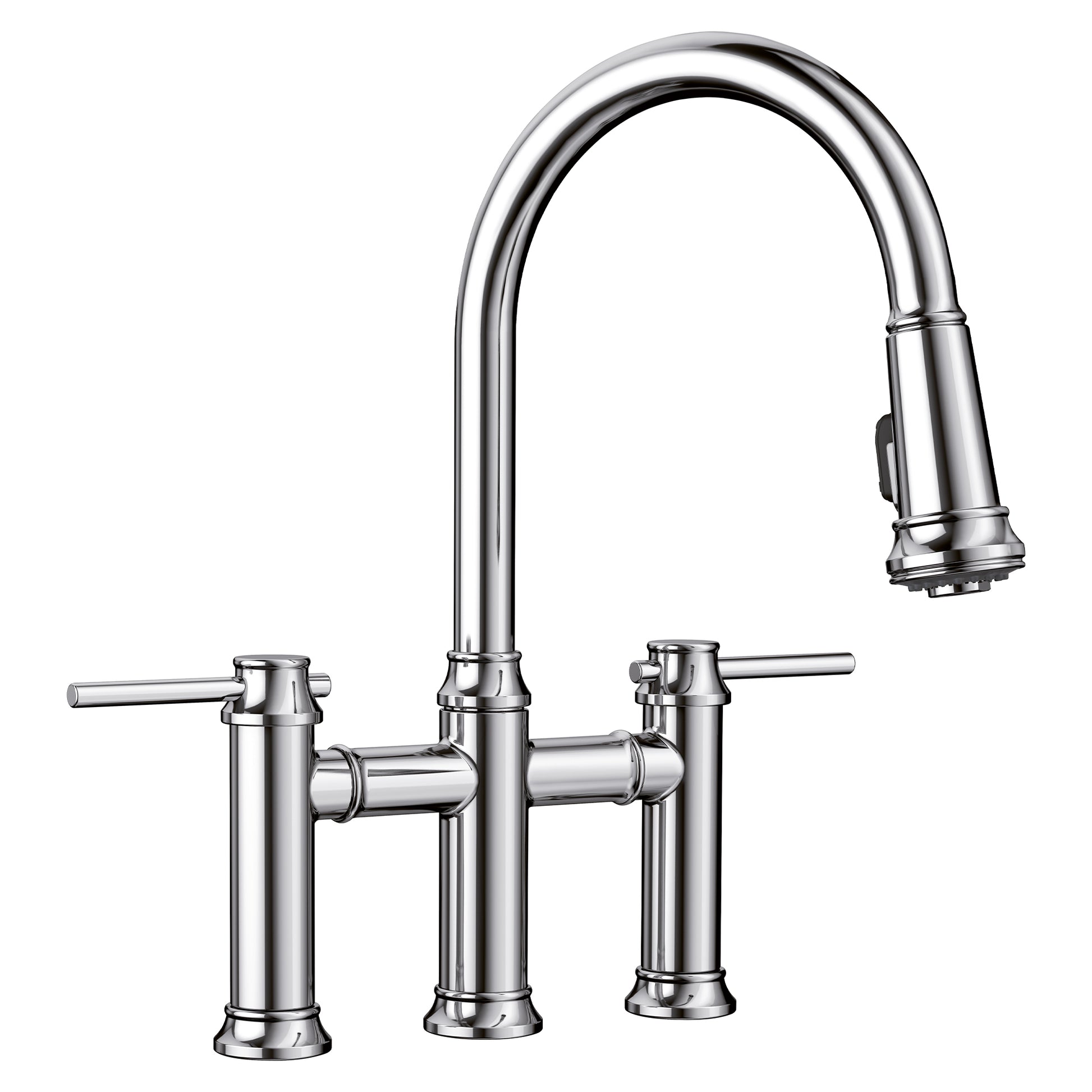 Chrome bridge kitchen faucet with dual lever handles and pull-down spray head.