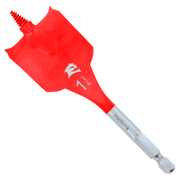 Red spade bit with gray shaft and threaded hex shank, Diablo branding visible on shaft.