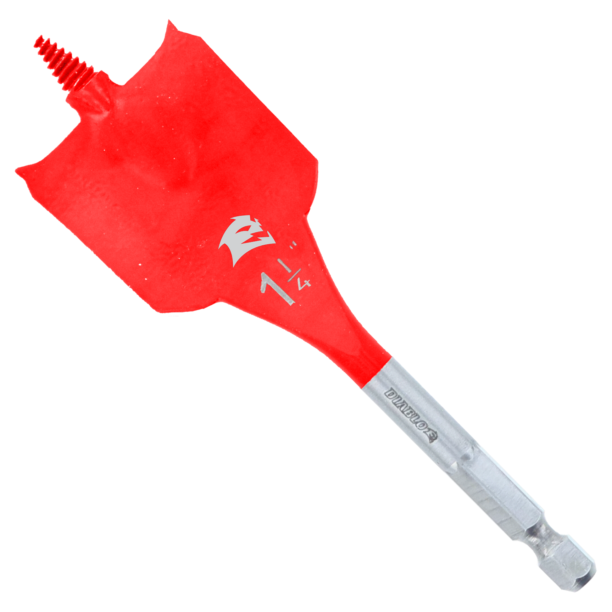 Red spade bit with gray shaft and threaded hex shank, Diablo branding visible on shaft.