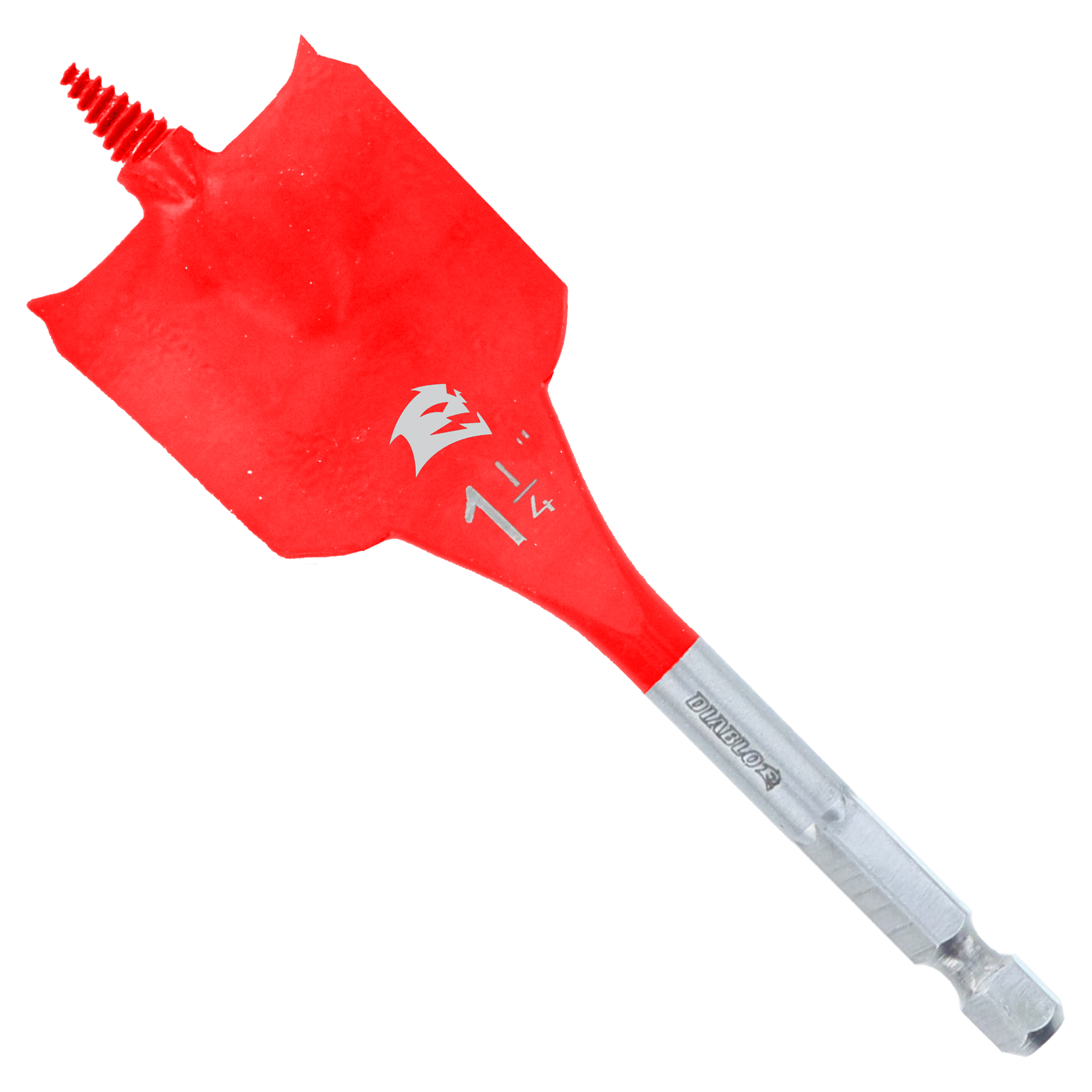 Red spade bit with gray shaft and threaded hex shank, Diablo branding visible on shaft.