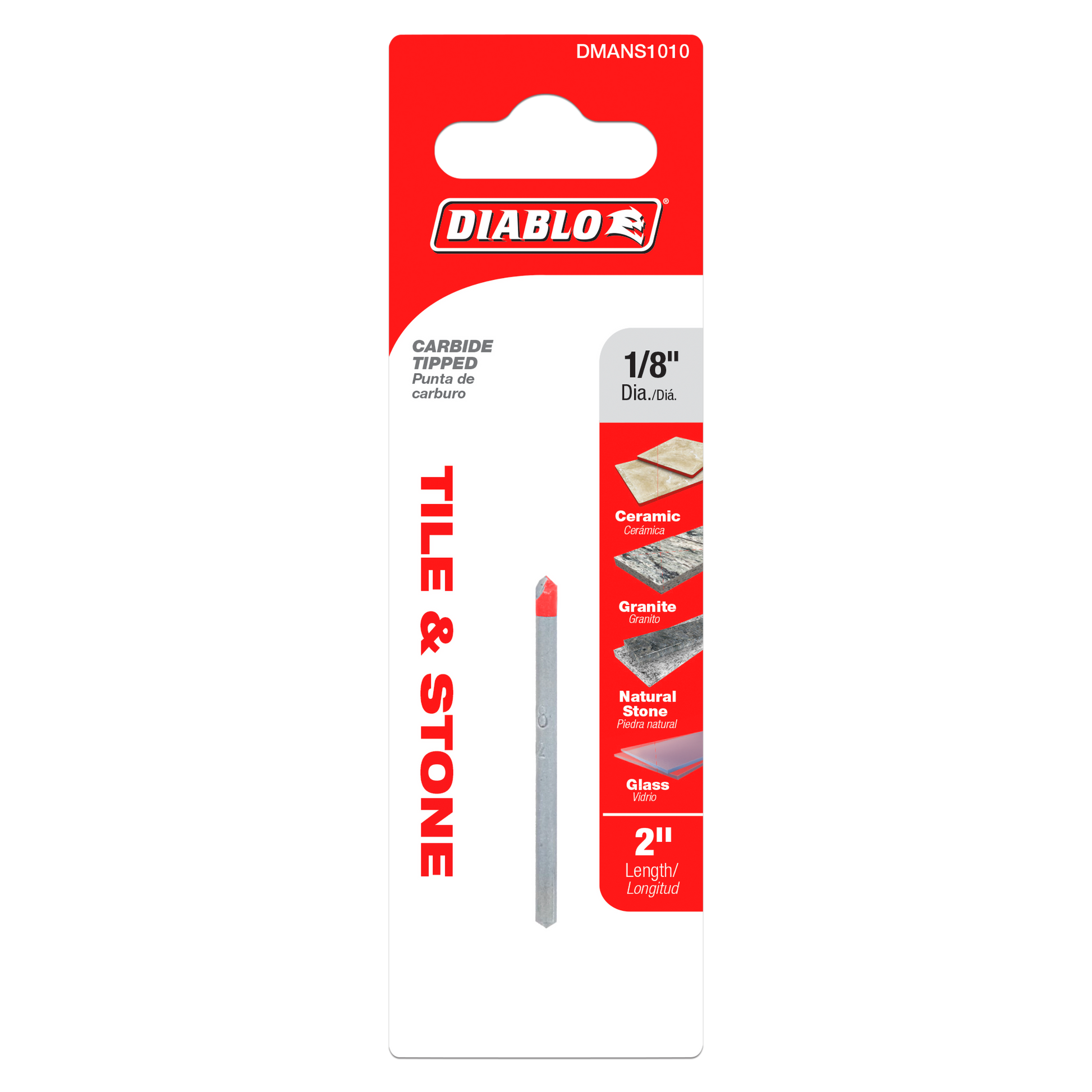 Diablo 1/8" carbide tipped drill bit for tile and stone in retail packaging.