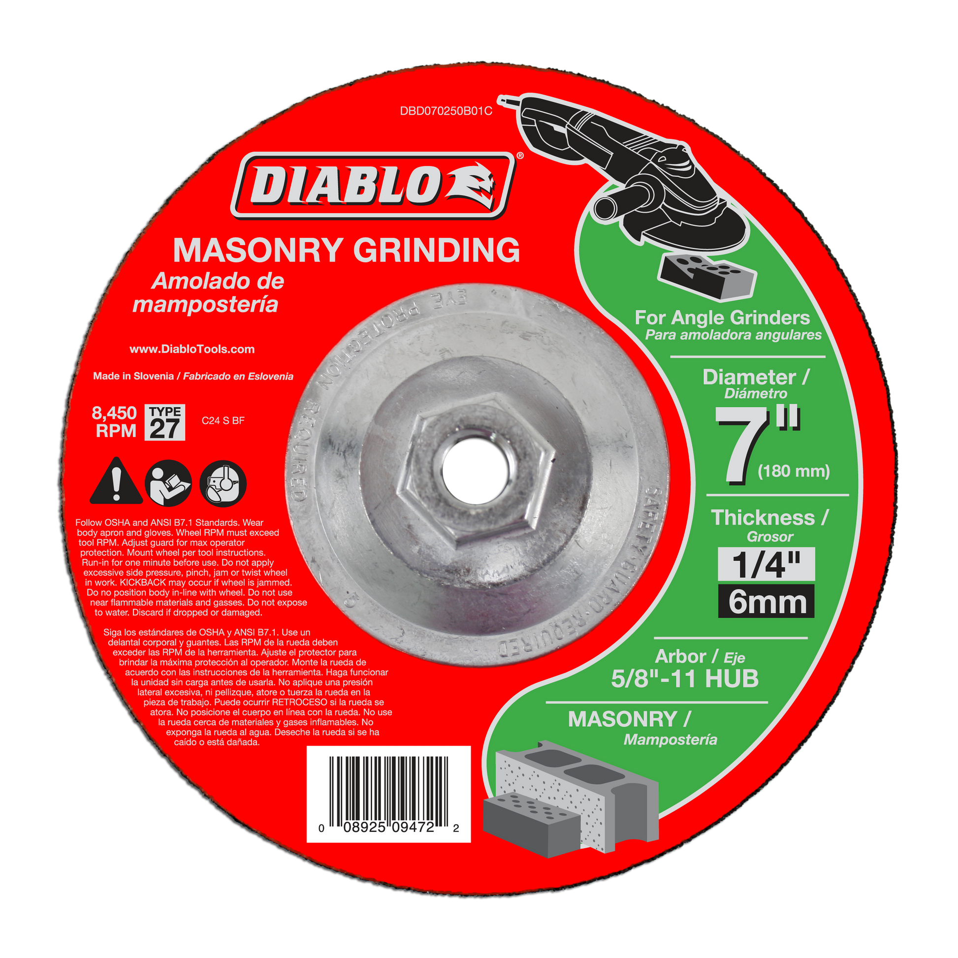 Diablo 7-inch masonry grinding disc with gray abrasive wheel, 5/8"-11 hub arbor, red and green packaging label.