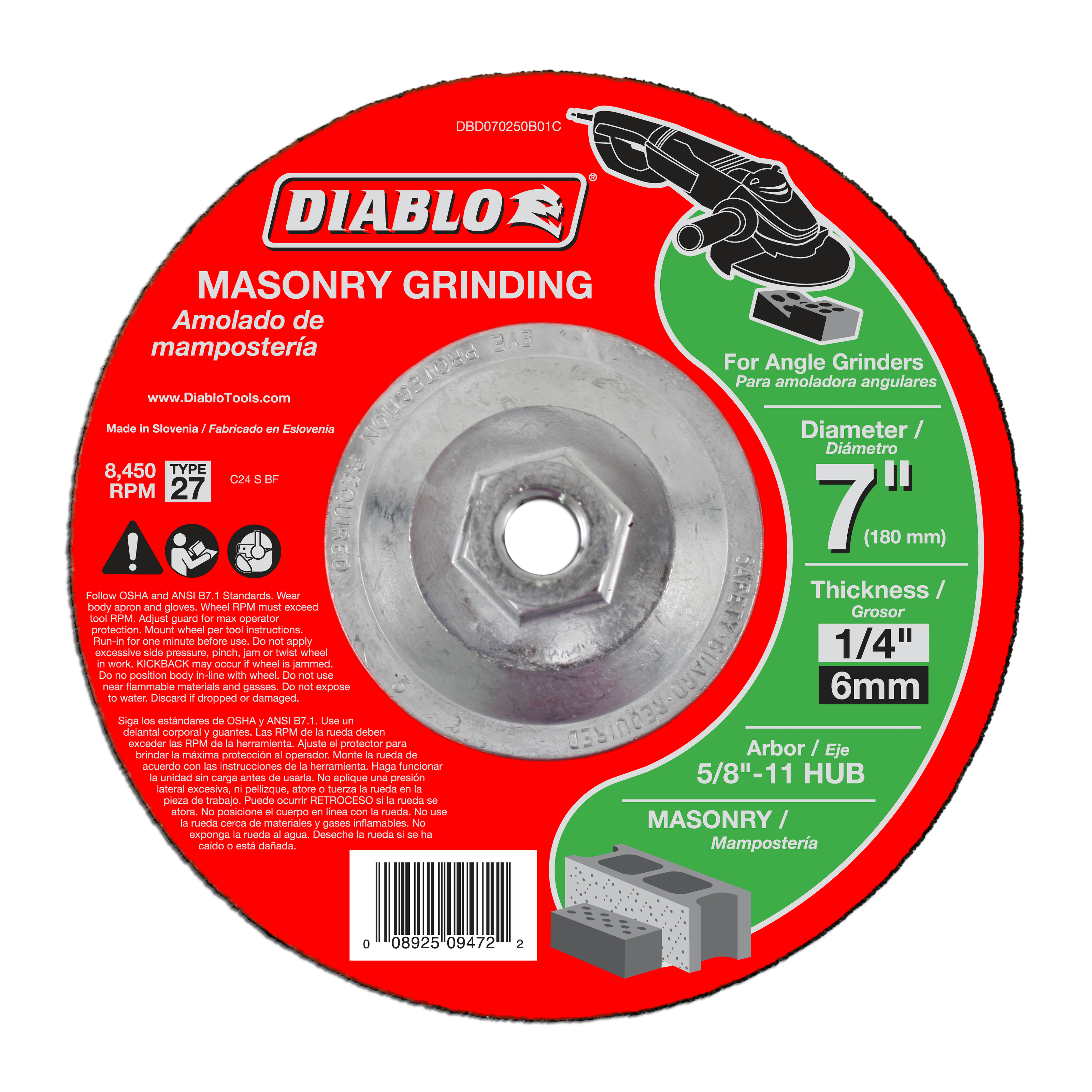 Diablo 7-inch masonry grinding disc with gray abrasive wheel, 5/8"-11 hub arbor, red and green packaging label.