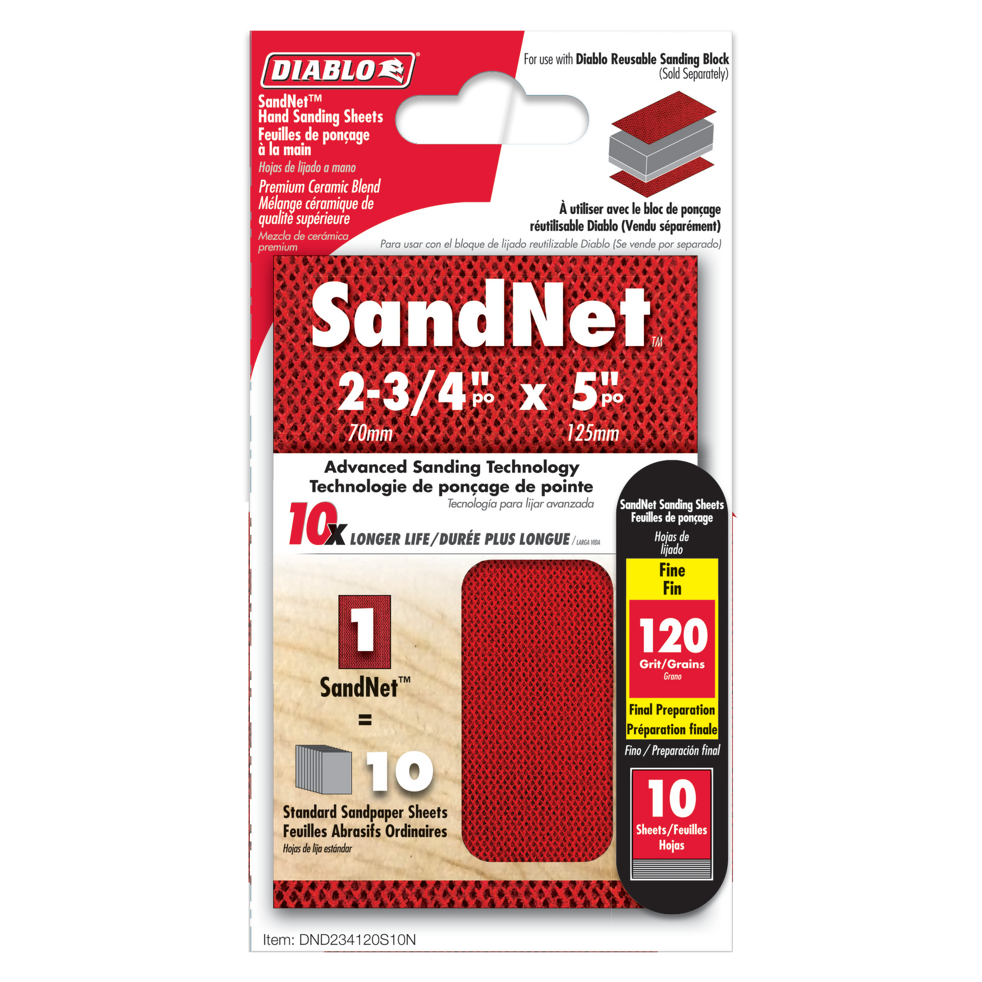 Pack of 10 red Diablo SandNET reusable sanding sheets, 2-3/4" x 5", 120-grit grit.