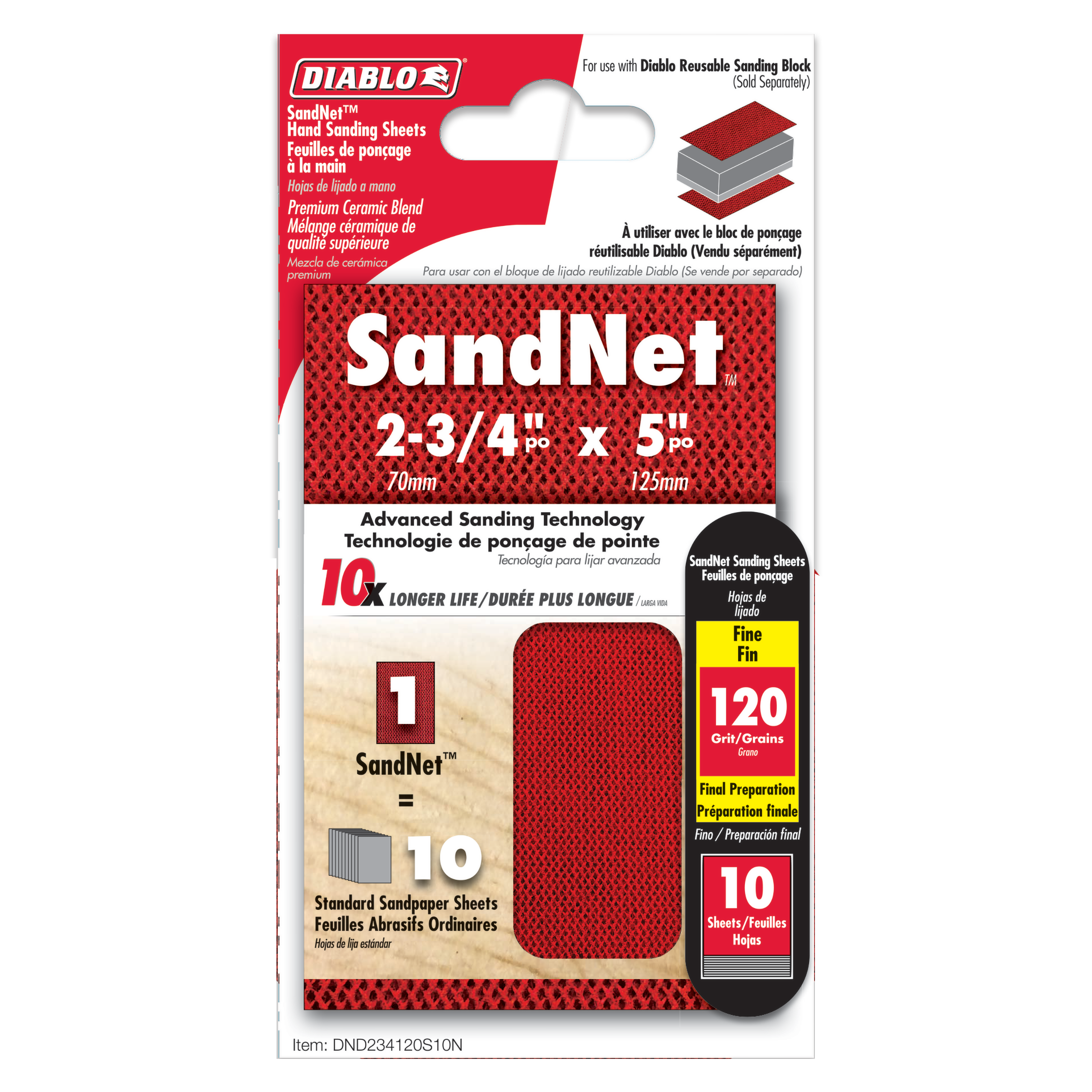 Pack of 10 red Diablo SandNET reusable sanding sheets, 2-3/4" x 5", 120-grit grit.