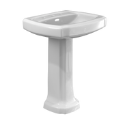 White porcelain pedestal sink with rectangular basin and three faucet holes.