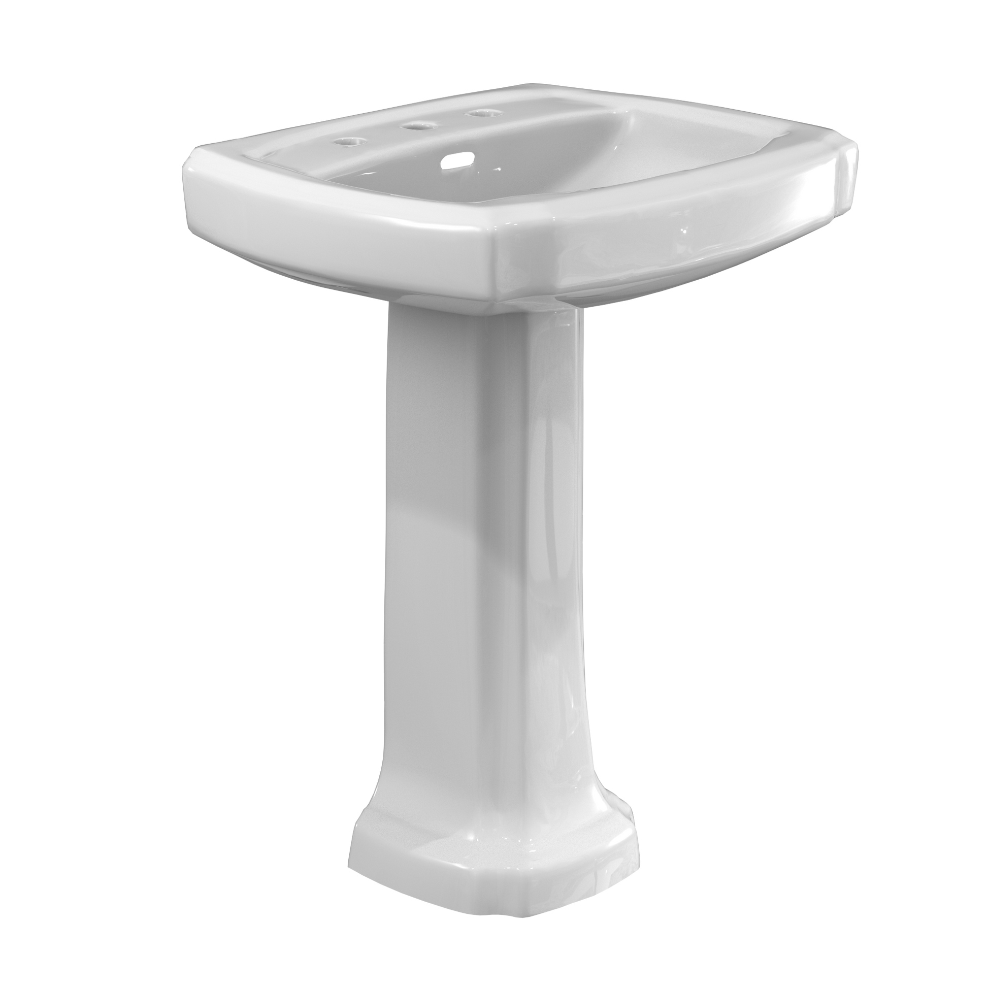 White porcelain pedestal sink with rectangular basin and three faucet holes.
