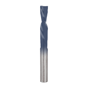 Quarter-inch down spiral router bit with gray coating and metallic shank on white background.