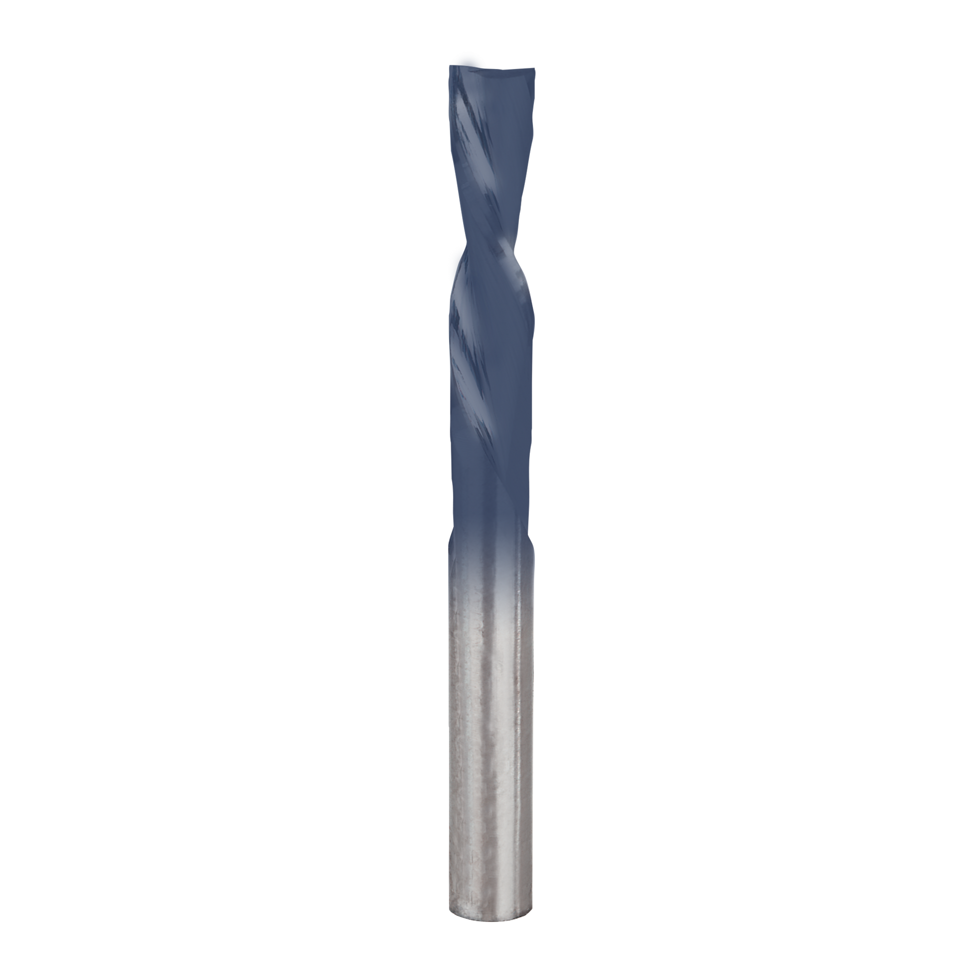 Quarter-inch down spiral router bit with gray coating and metallic shank on white background.