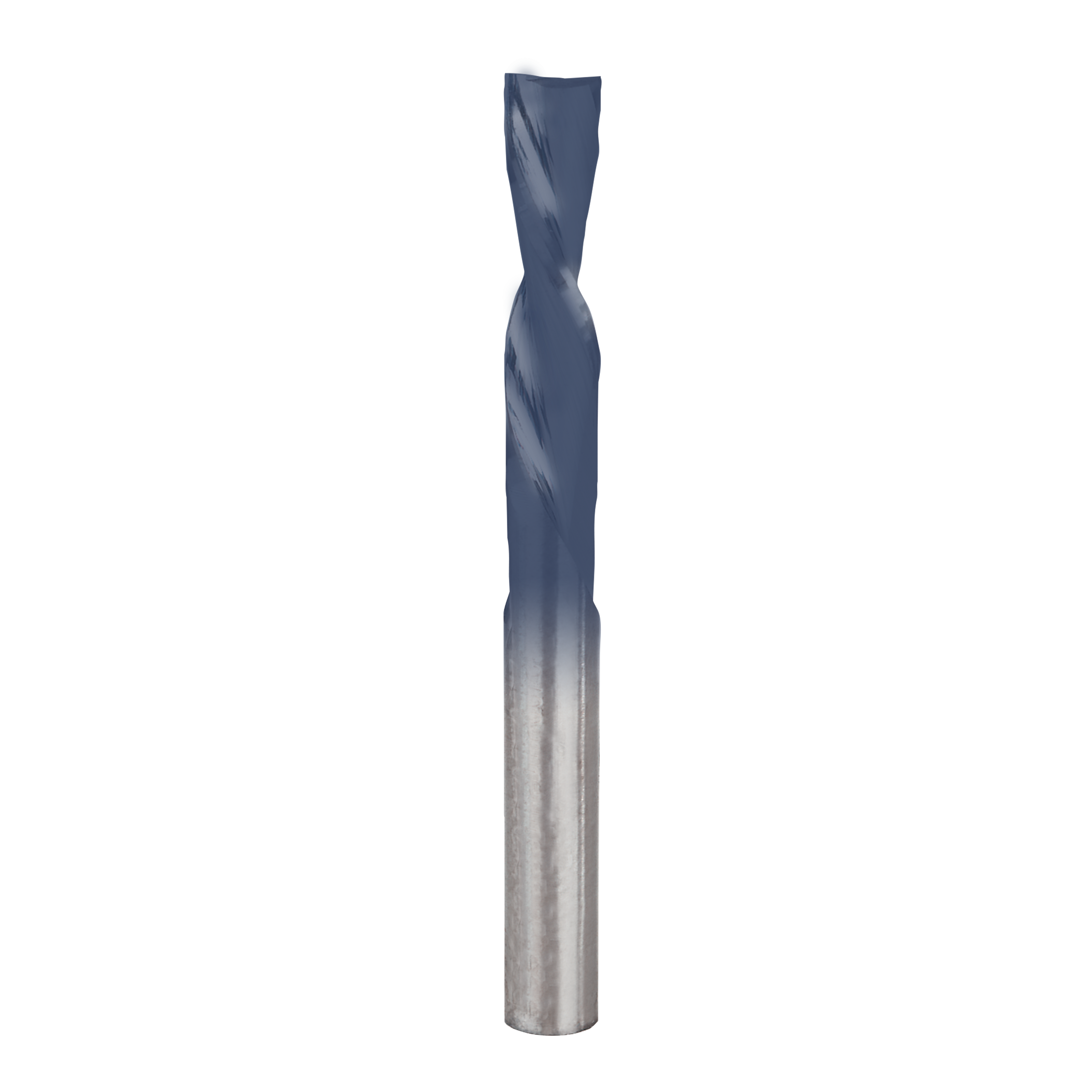 Quarter-inch down spiral router bit with gray coating and metallic shank on white background.