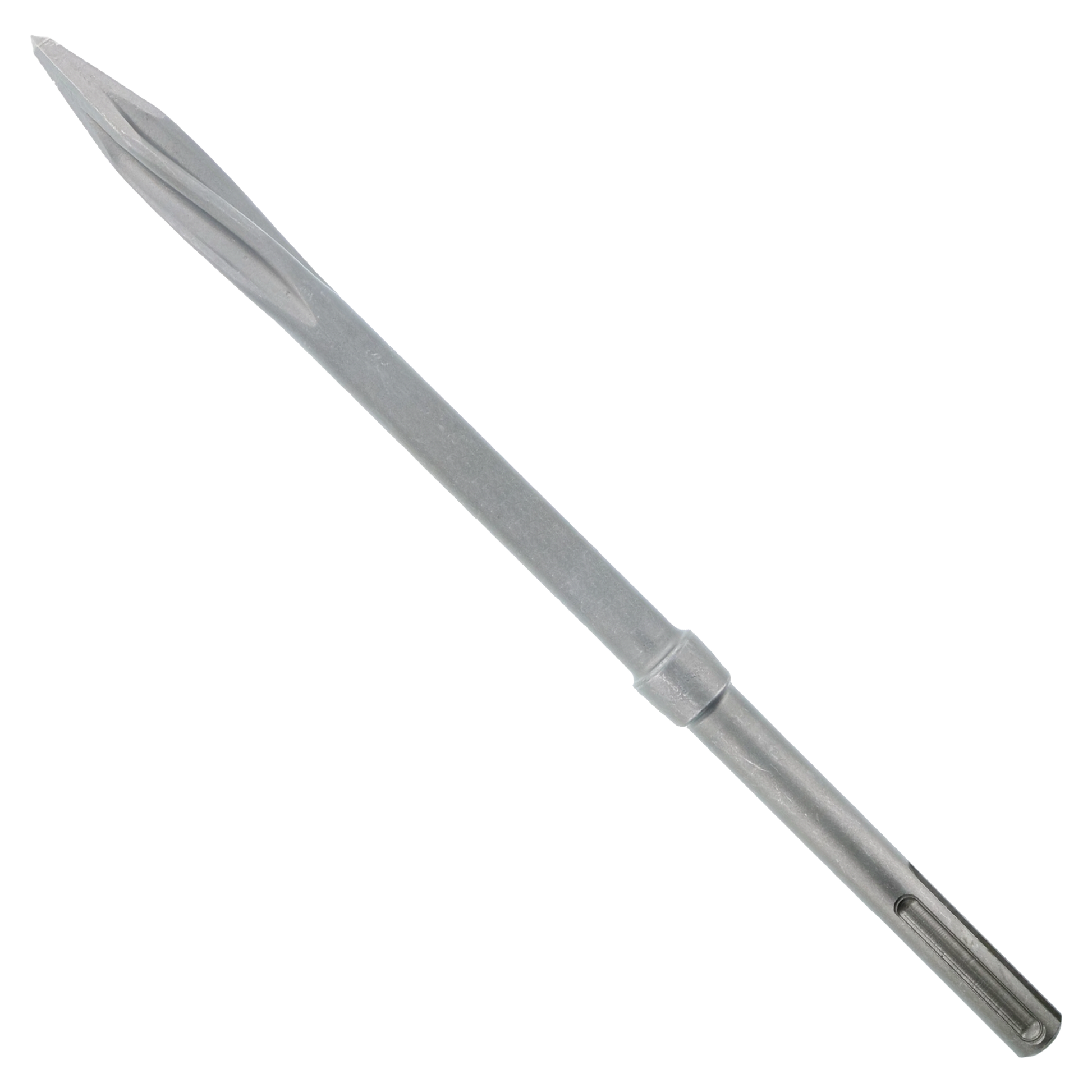 Gray steel SDS-Max twist point chisel with tapered shaft and fluted tip design.