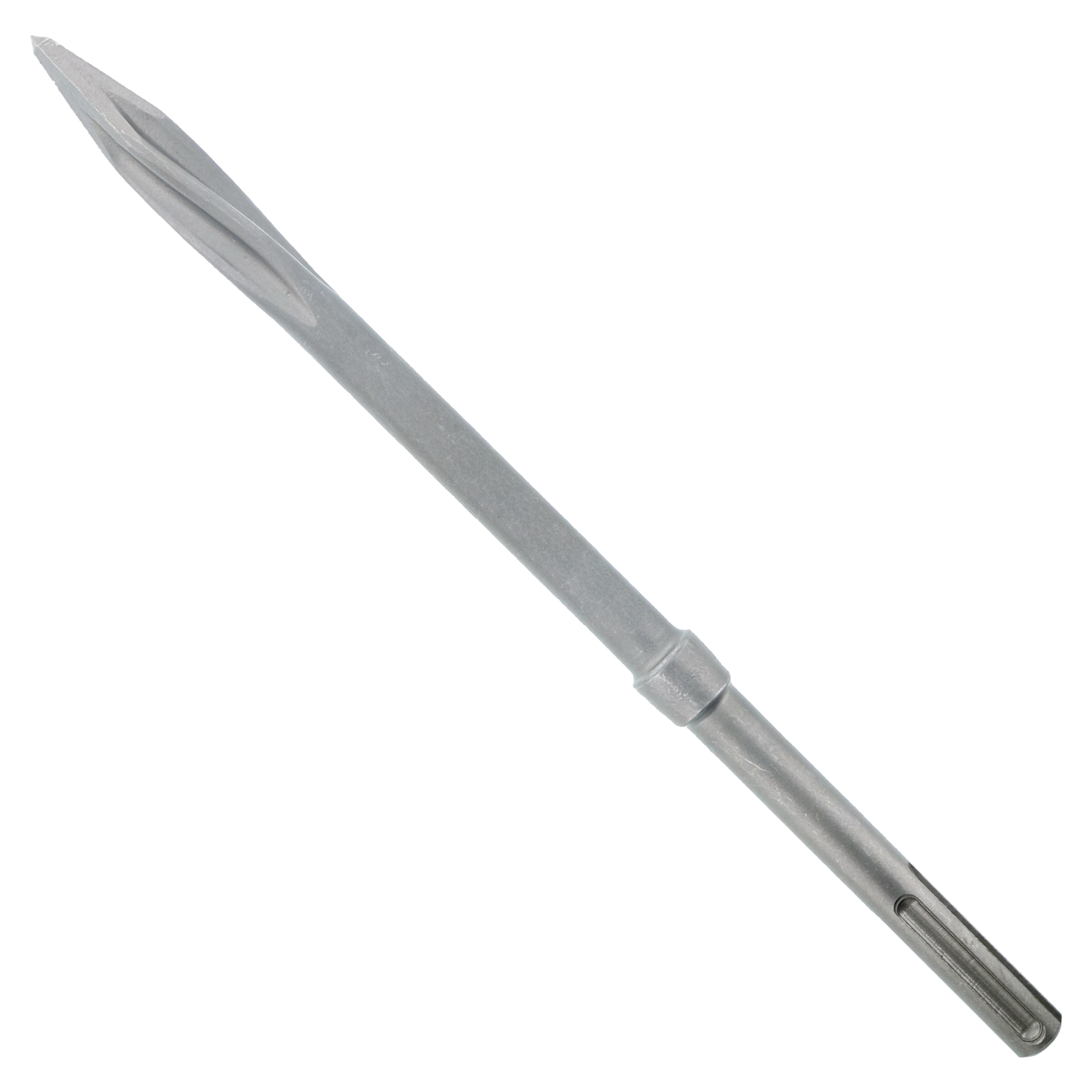 Gray steel SDS-Max twist point chisel with tapered shaft and fluted tip design.