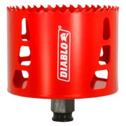 Red Diablo hole saw with serrated edge and black arbor shaft against white background.