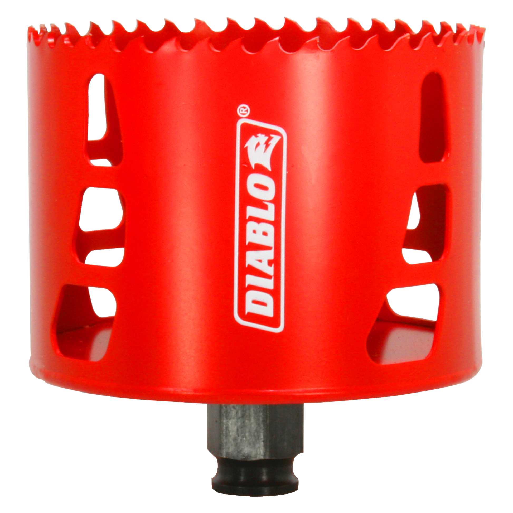 Red Diablo hole saw with serrated edge and black arbor shaft against white background.