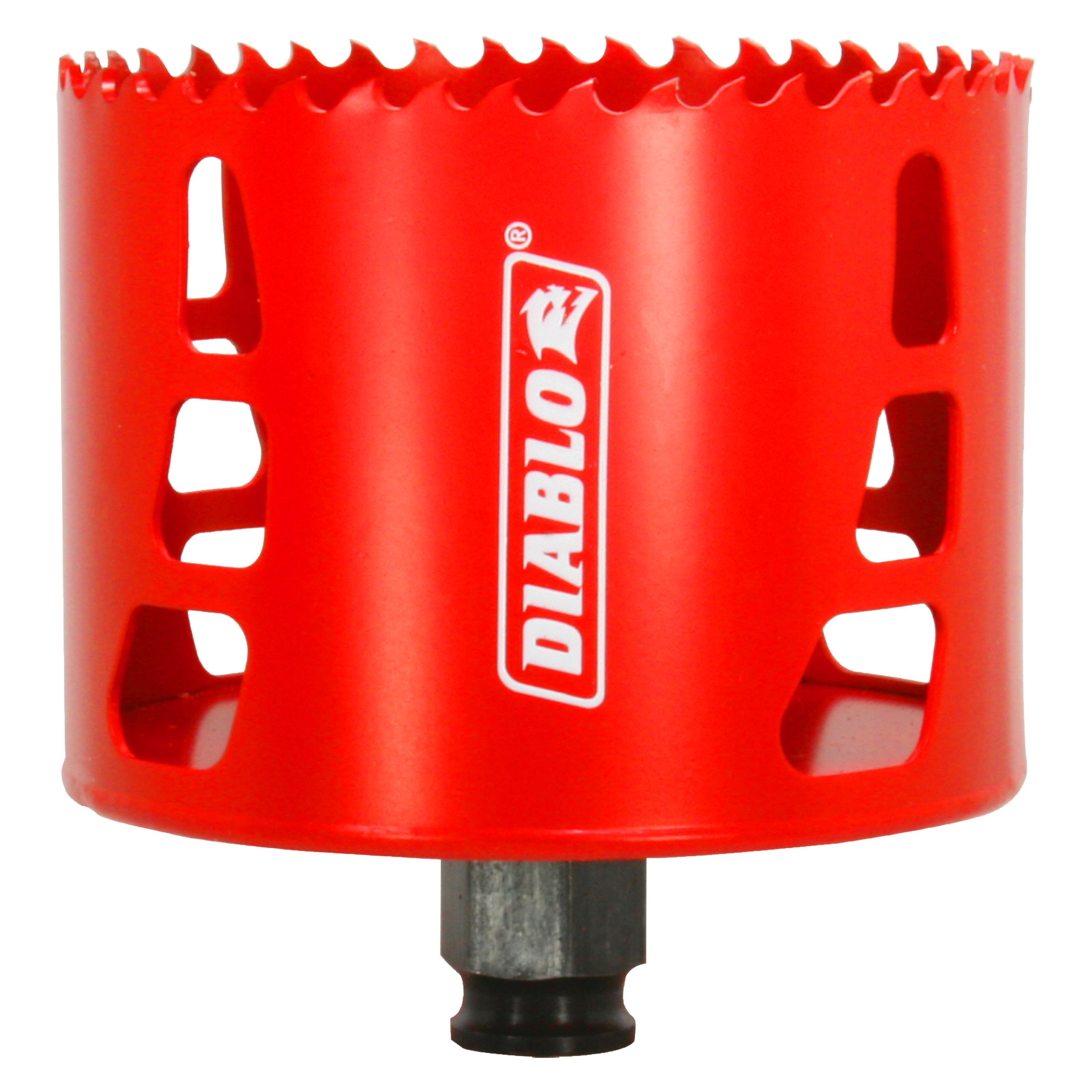 Red Diablo hole saw with serrated edge and black arbor shaft against white background.