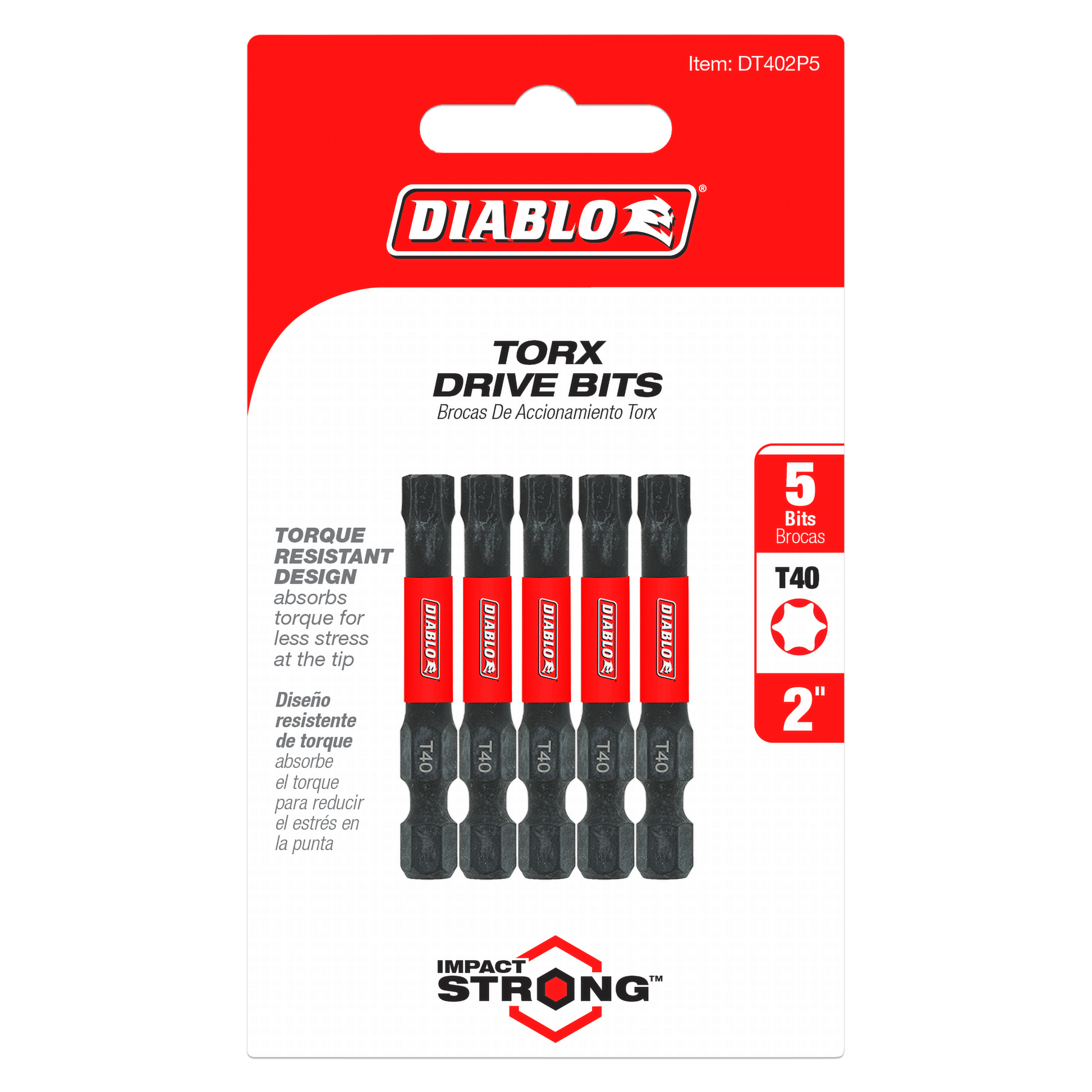 Five black and red Diablo Torx T40 drive bits, 2 inches long, displayed on red branded packaging.