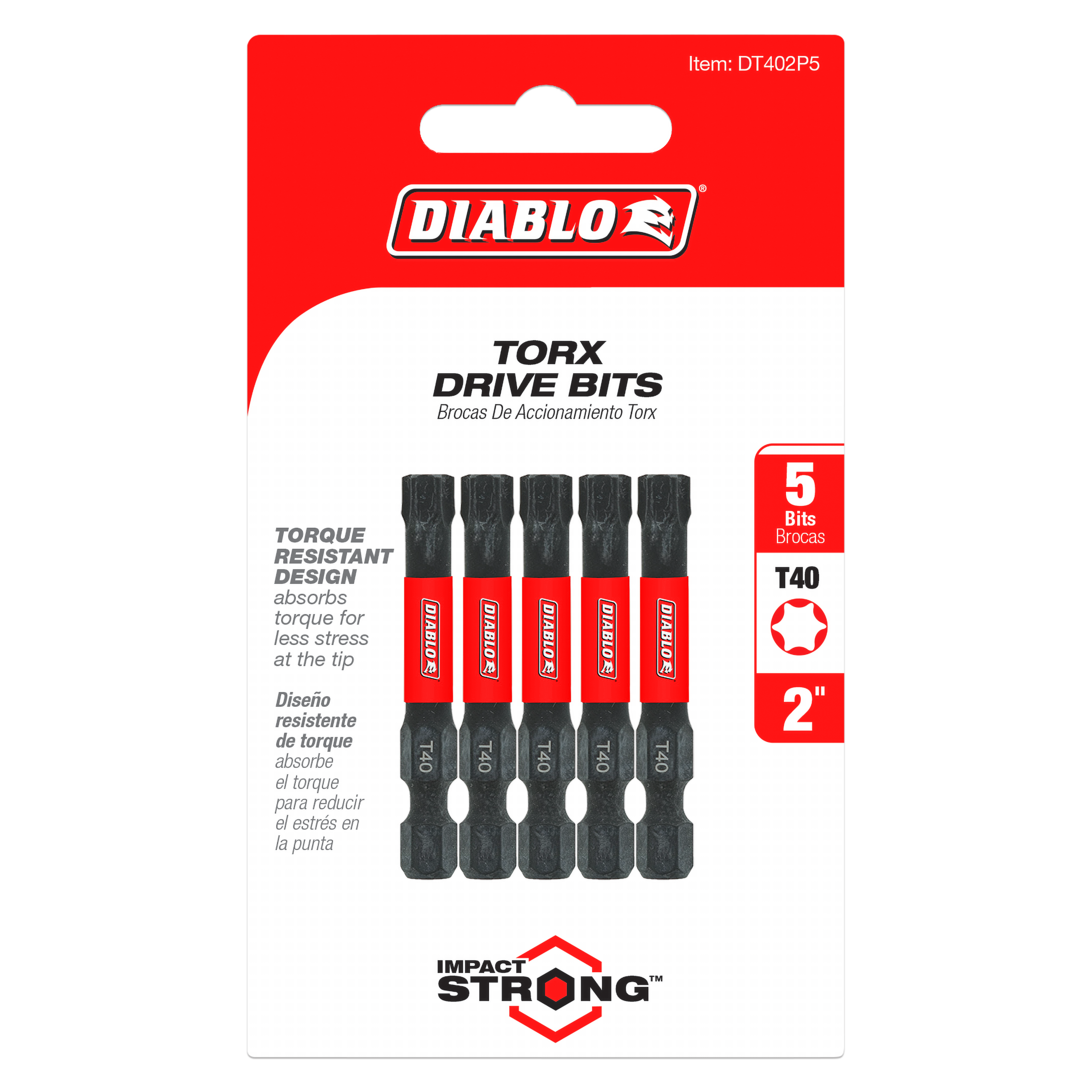 Five black and red Diablo Torx T40 drive bits, 2 inches long, displayed on red branded packaging.