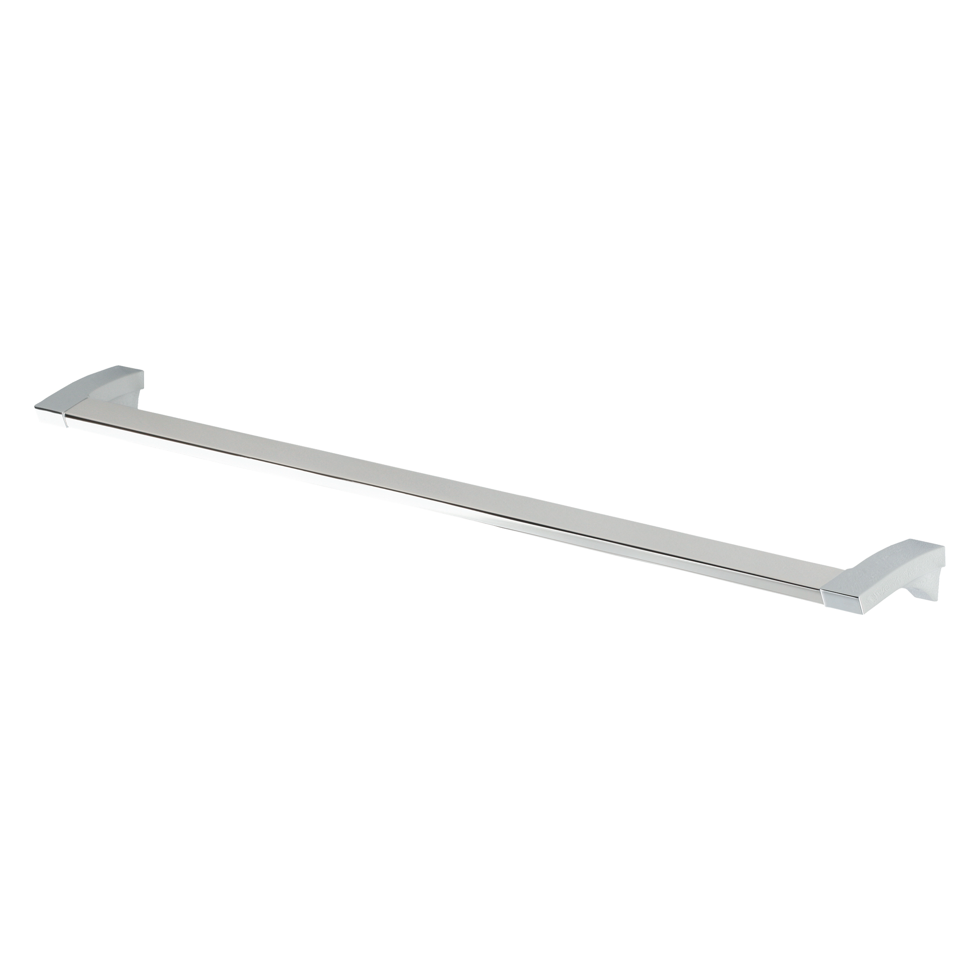 Brushed nickel square towel bar with angled mounting brackets on each end.