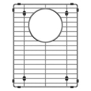 Stainless steel sink grid with horizontal and vertical bars, circular drain hole in center, and black rubber feet at corners.