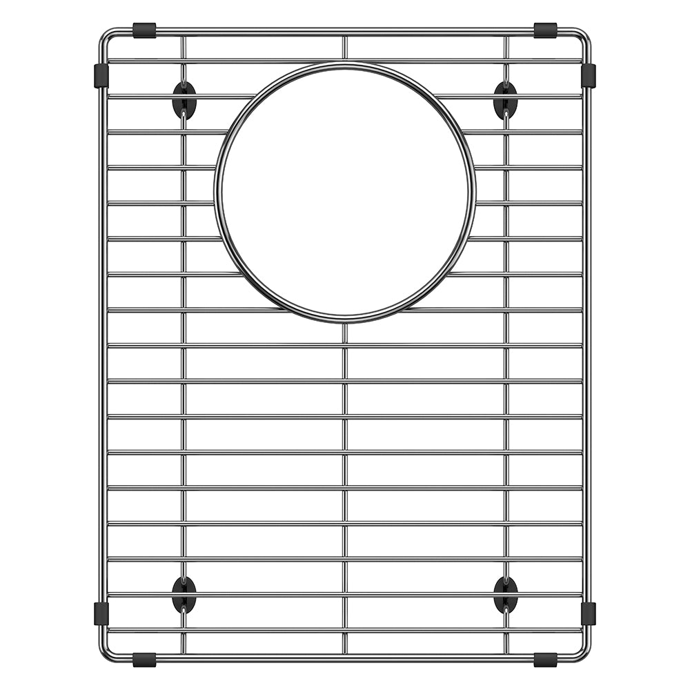 Stainless steel sink grid with horizontal and vertical bars, circular drain hole in center, and black rubber feet at corners.