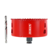 Red cylindrical hole saw with serrated edge and center drill bit, labeled Diablo.