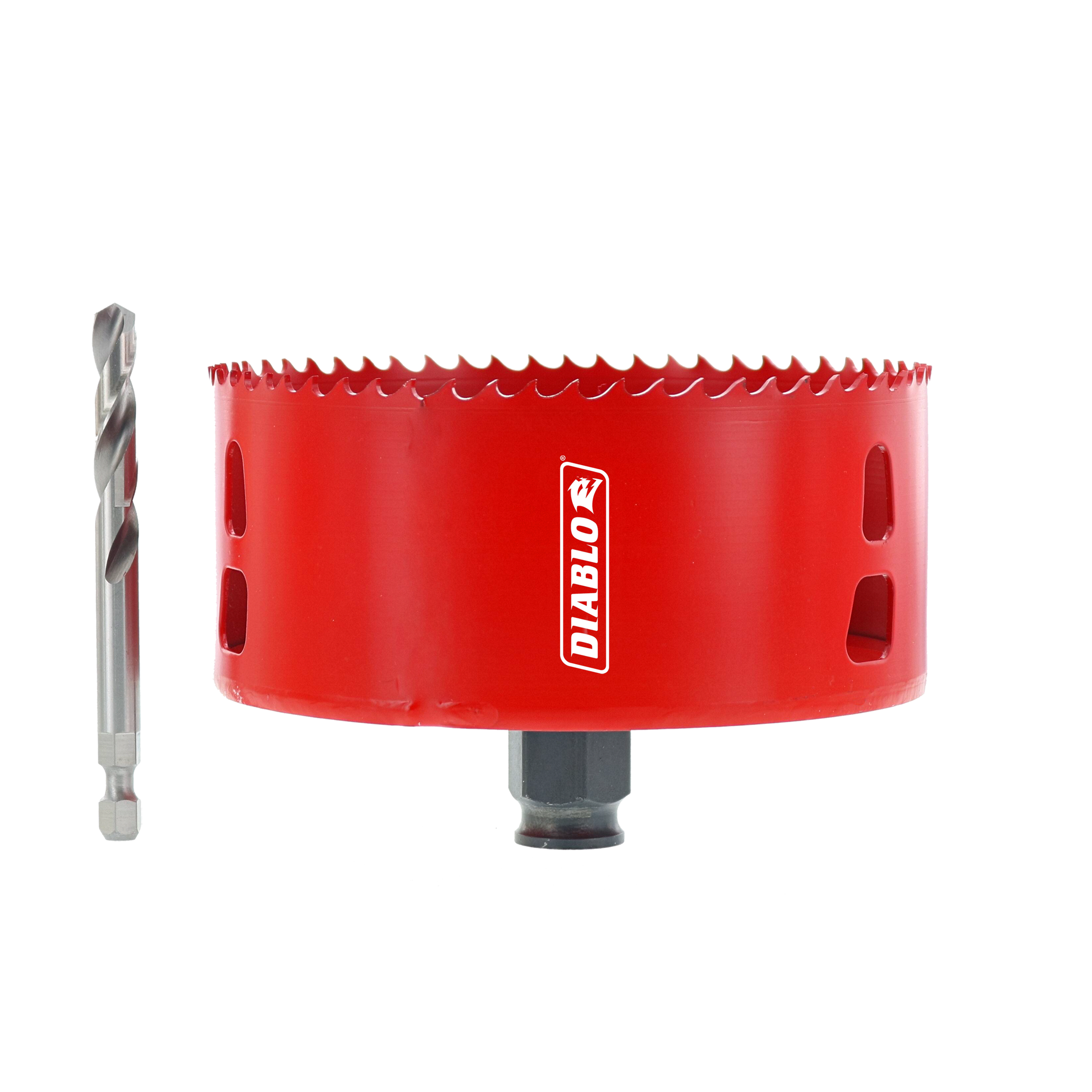 Red cylindrical hole saw with serrated edge and center drill bit, labeled Diablo.