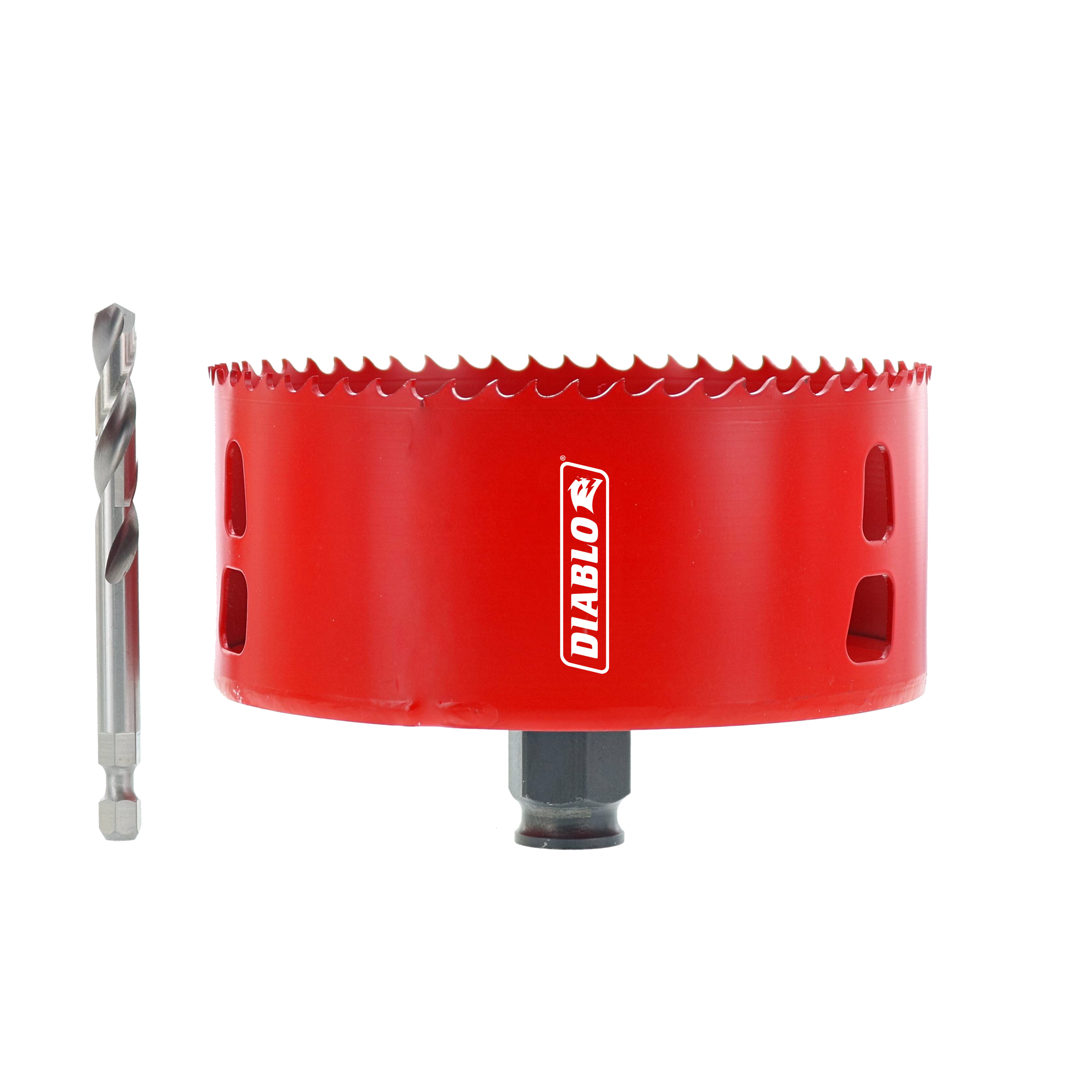 Red cylindrical hole saw with serrated edge and center drill bit, labeled Diablo.