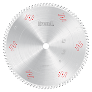Circular saw blade with silver finish, teeth around perimeter, center arbor hole, and Freud branding with red design markings