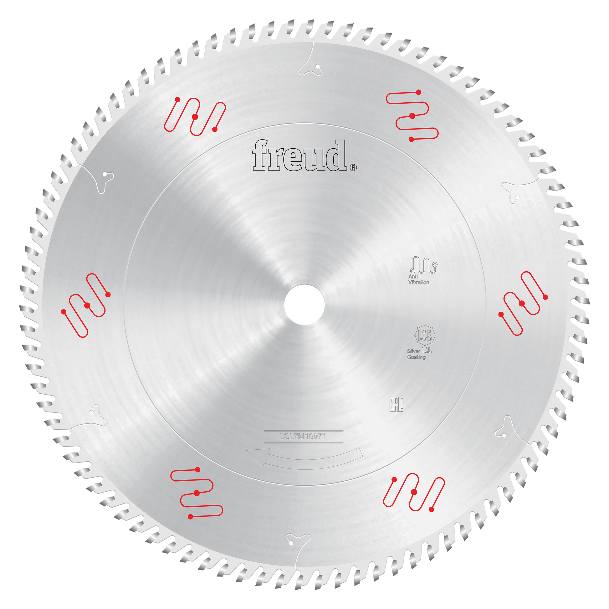 Circular saw blade with silver finish, teeth around perimeter, center arbor hole, and Freud branding with red design markings