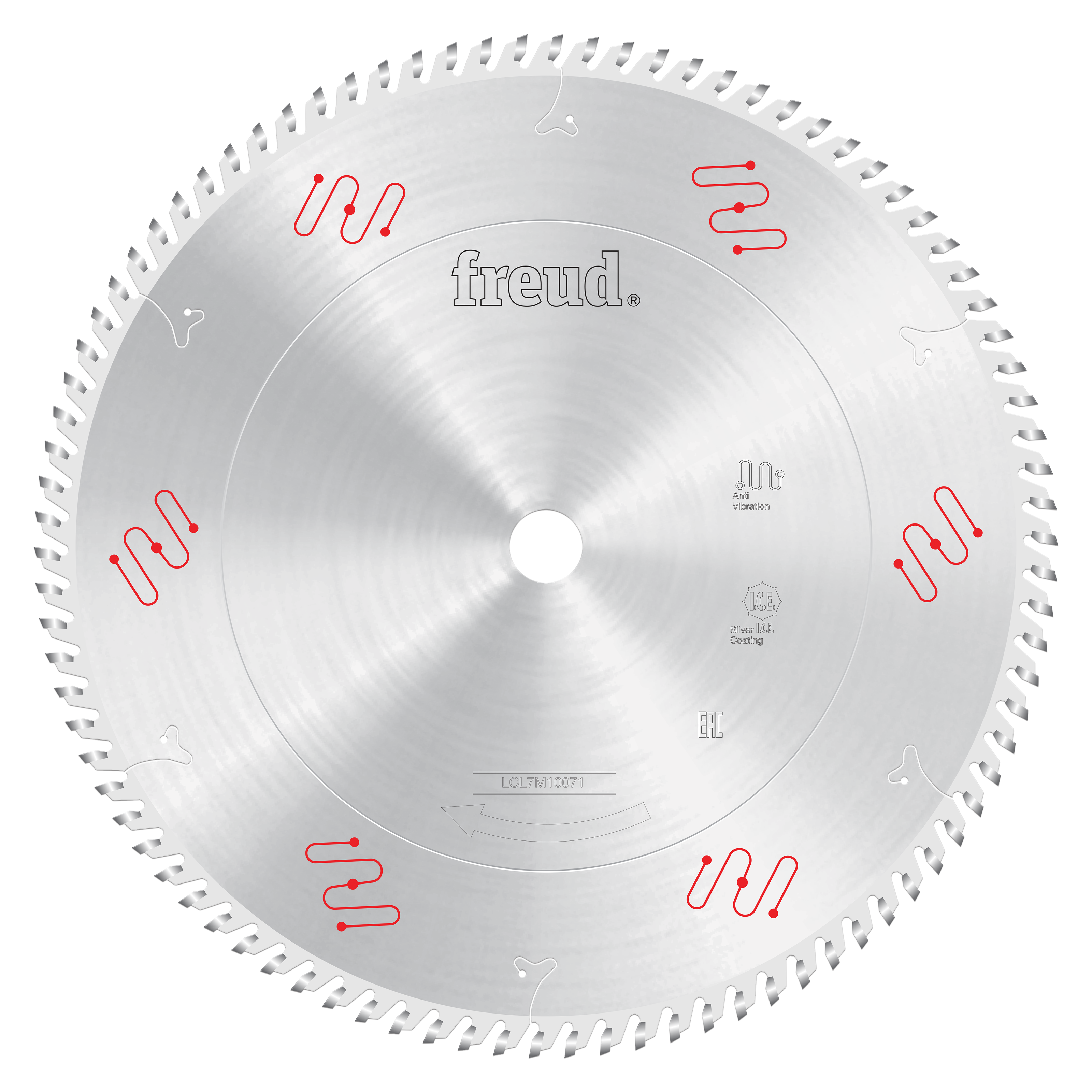 Circular saw blade with silver finish, teeth around perimeter, center arbor hole, and Freud branding with red design markings