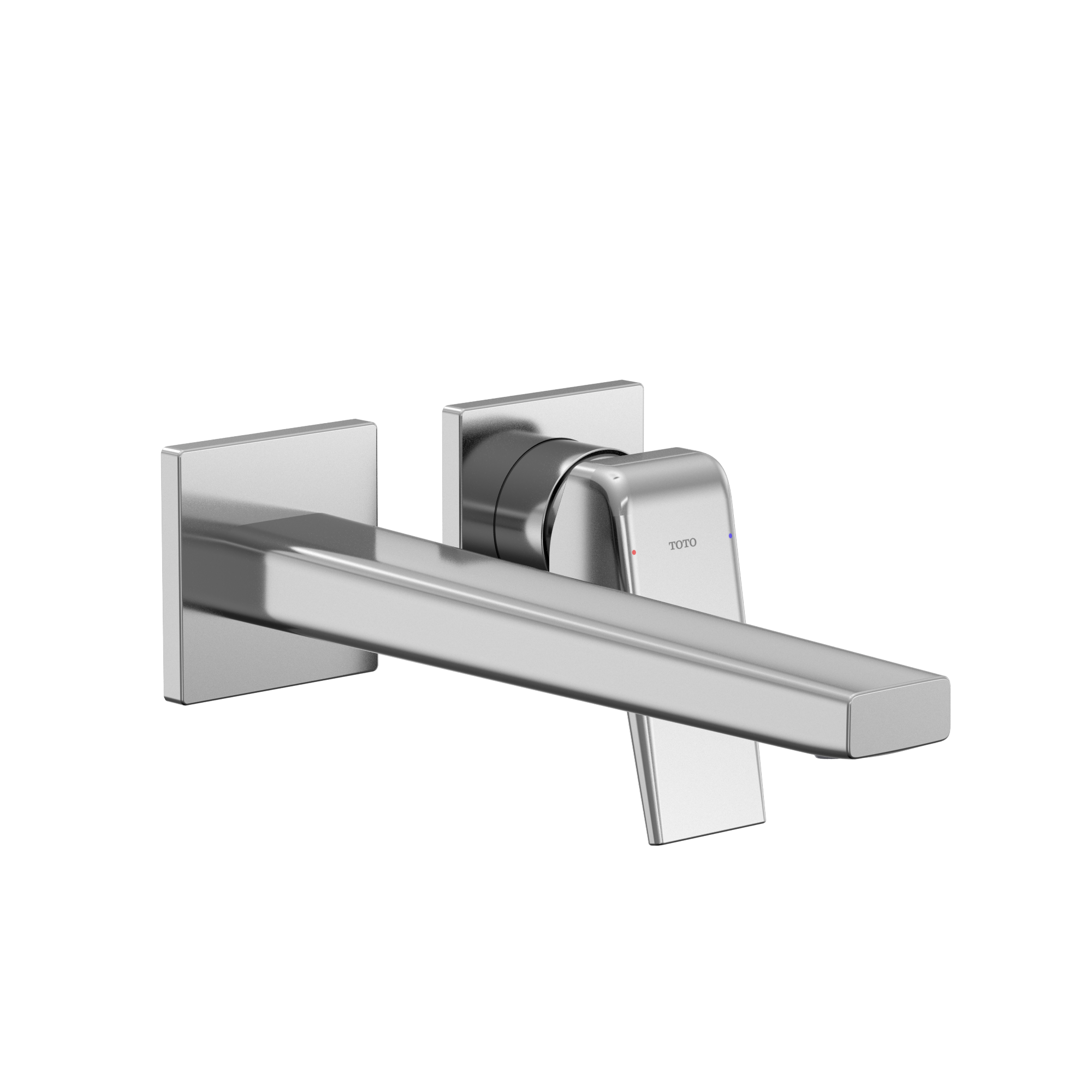 Polished chrome wall-mount bathroom faucet with single handle and long spout.