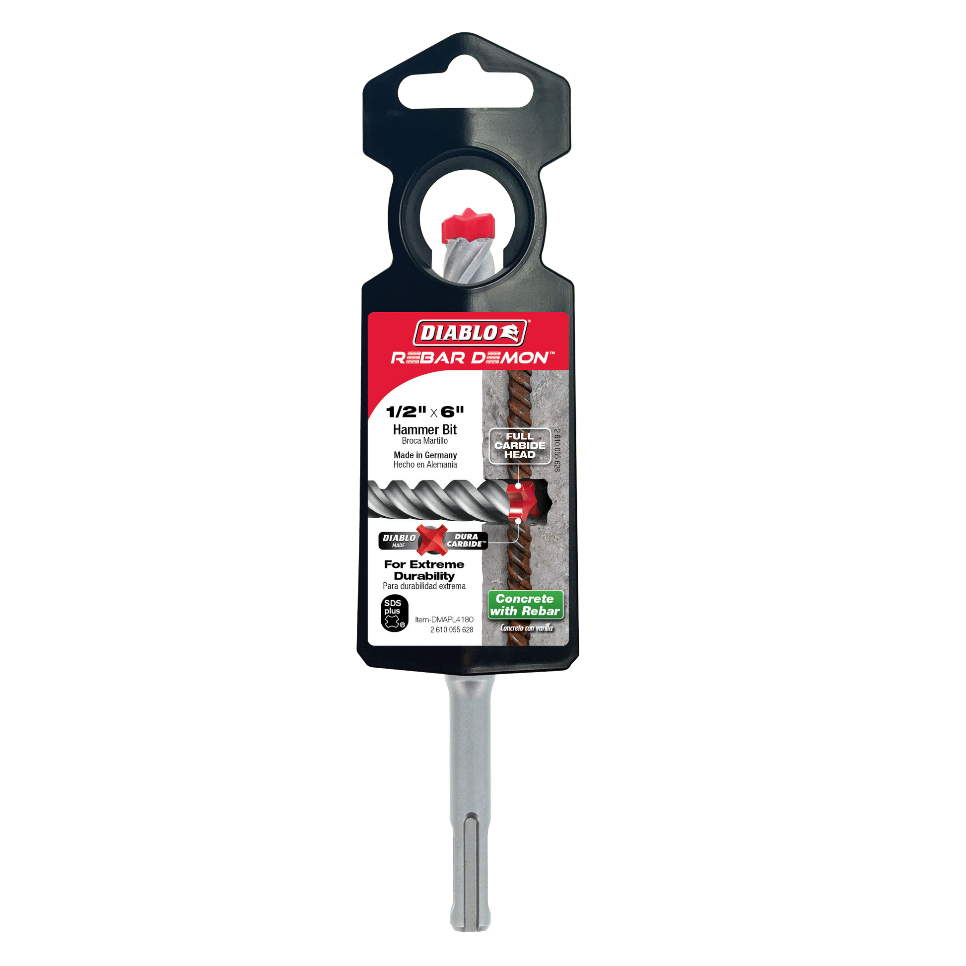 Diablo Rebar Demon 1/2 inch hammer drill bit with red carbide head and gray SDS-Plus shank in packaging.