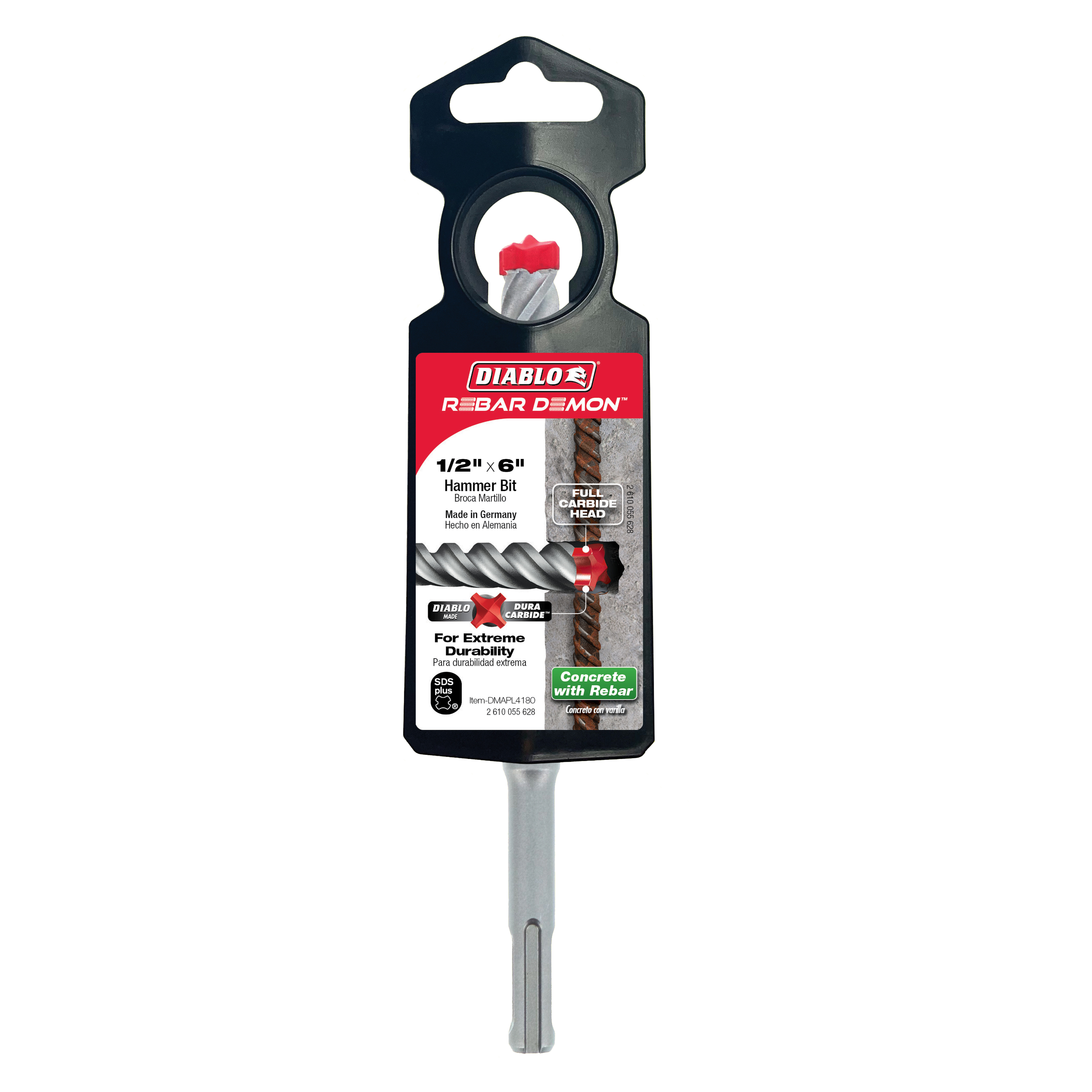 Diablo Rebar Demon 1/2 inch hammer drill bit with red carbide head and gray SDS-Plus shank in packaging.