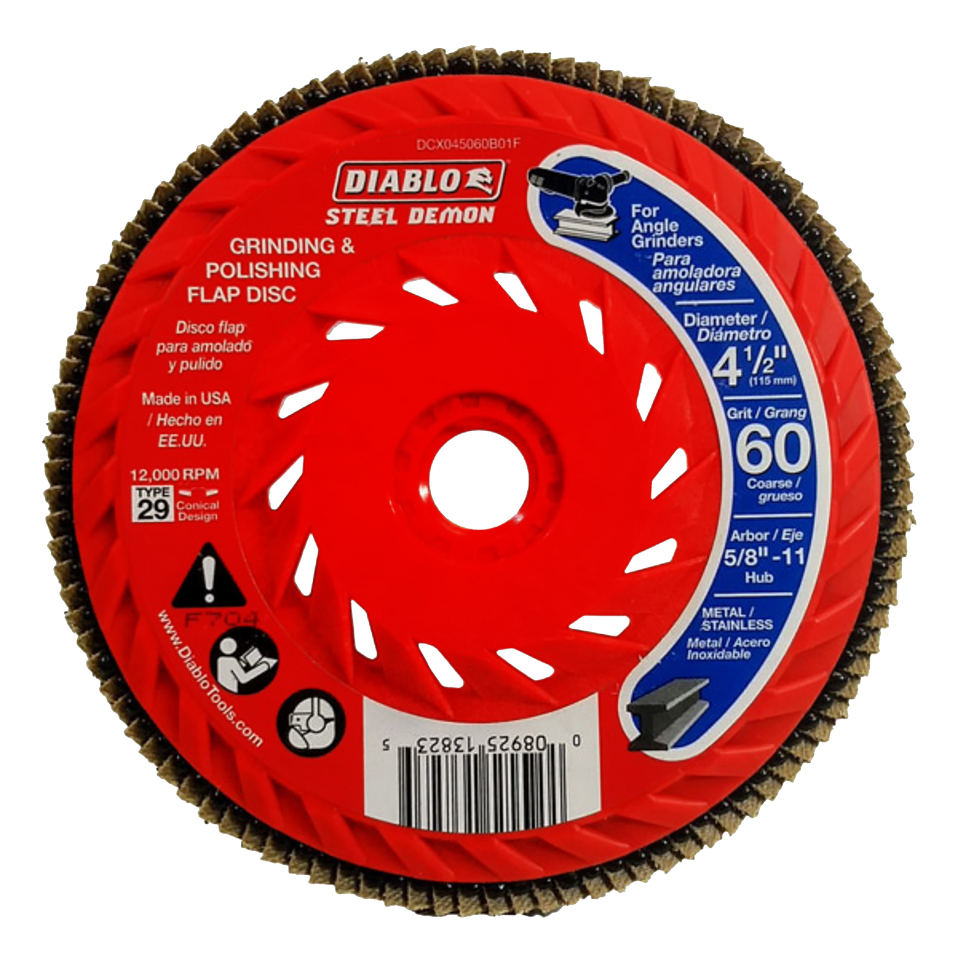 Red flap disc with abrasive edge, 4-1/2 inch diameter, 60 grit, Speed Hub arbor for angle grinders.