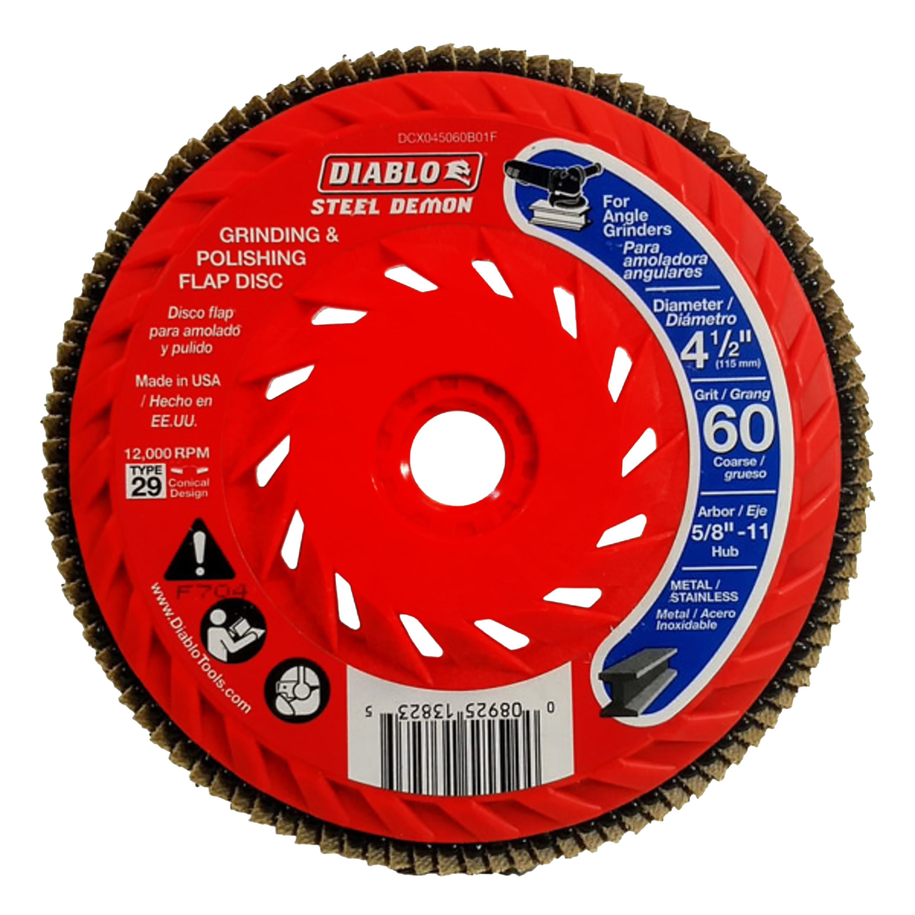 Red flap disc with abrasive edge, 4-1/2 inch diameter, 60 grit, Speed Hub arbor for angle grinders.