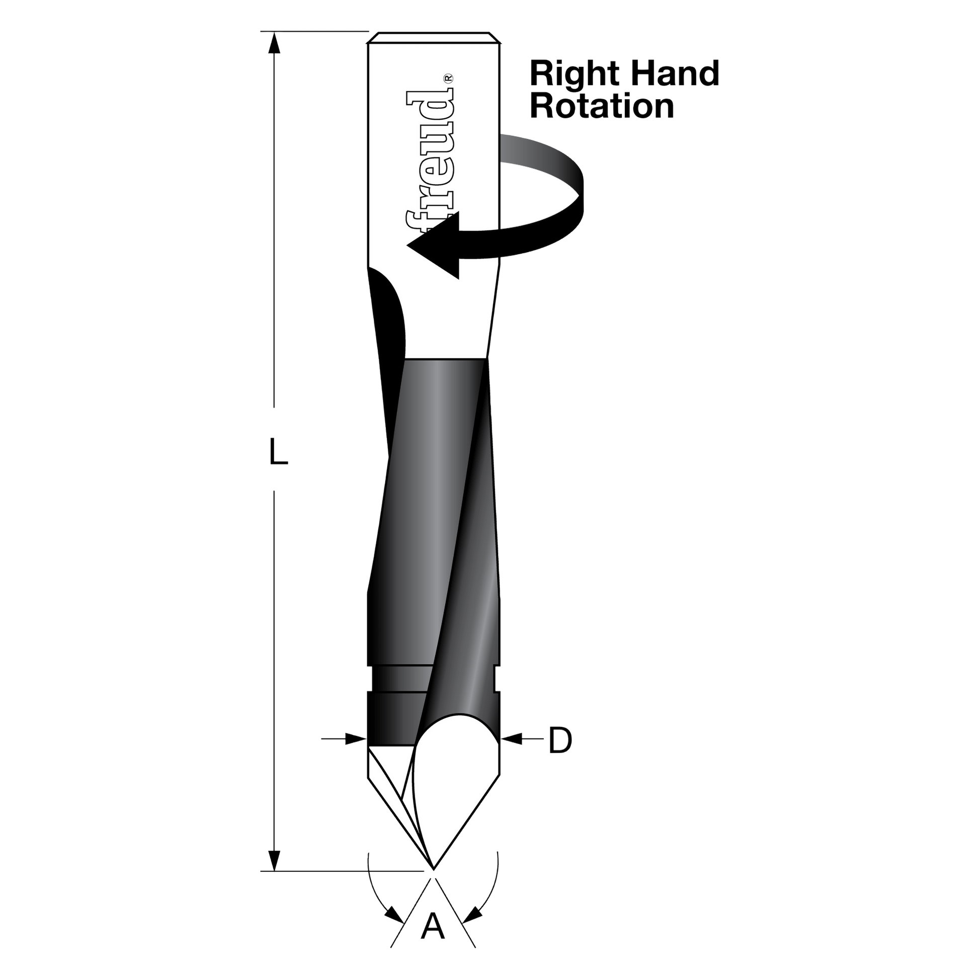 Freud through hole bit with cylindrical shank, pointed tip, and right-hand rotation diagram showing length, diameter, and ang