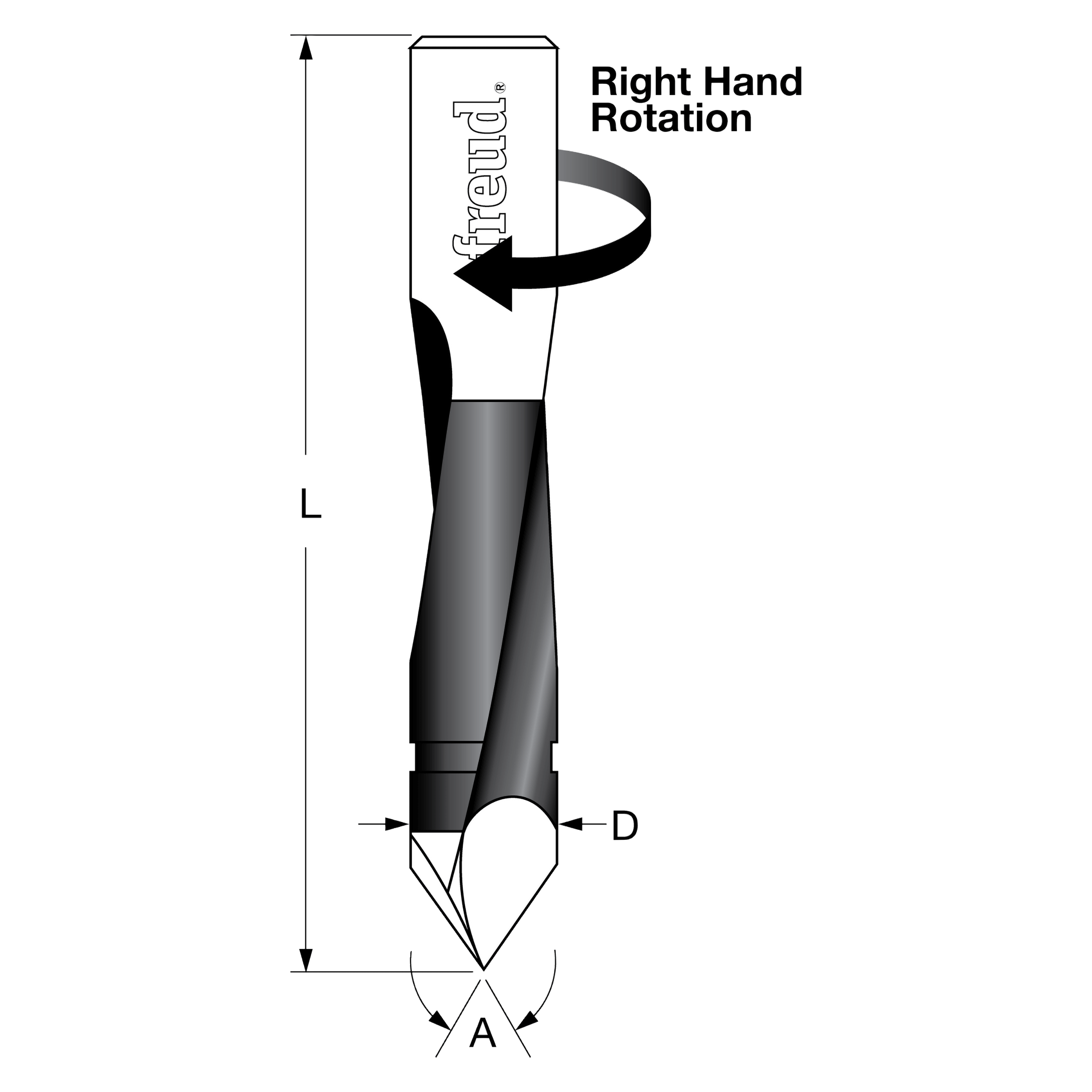 Freud through hole drill bit with conical tip, labeled with diameter (D), length (L), and angle (A) specifications, showing r