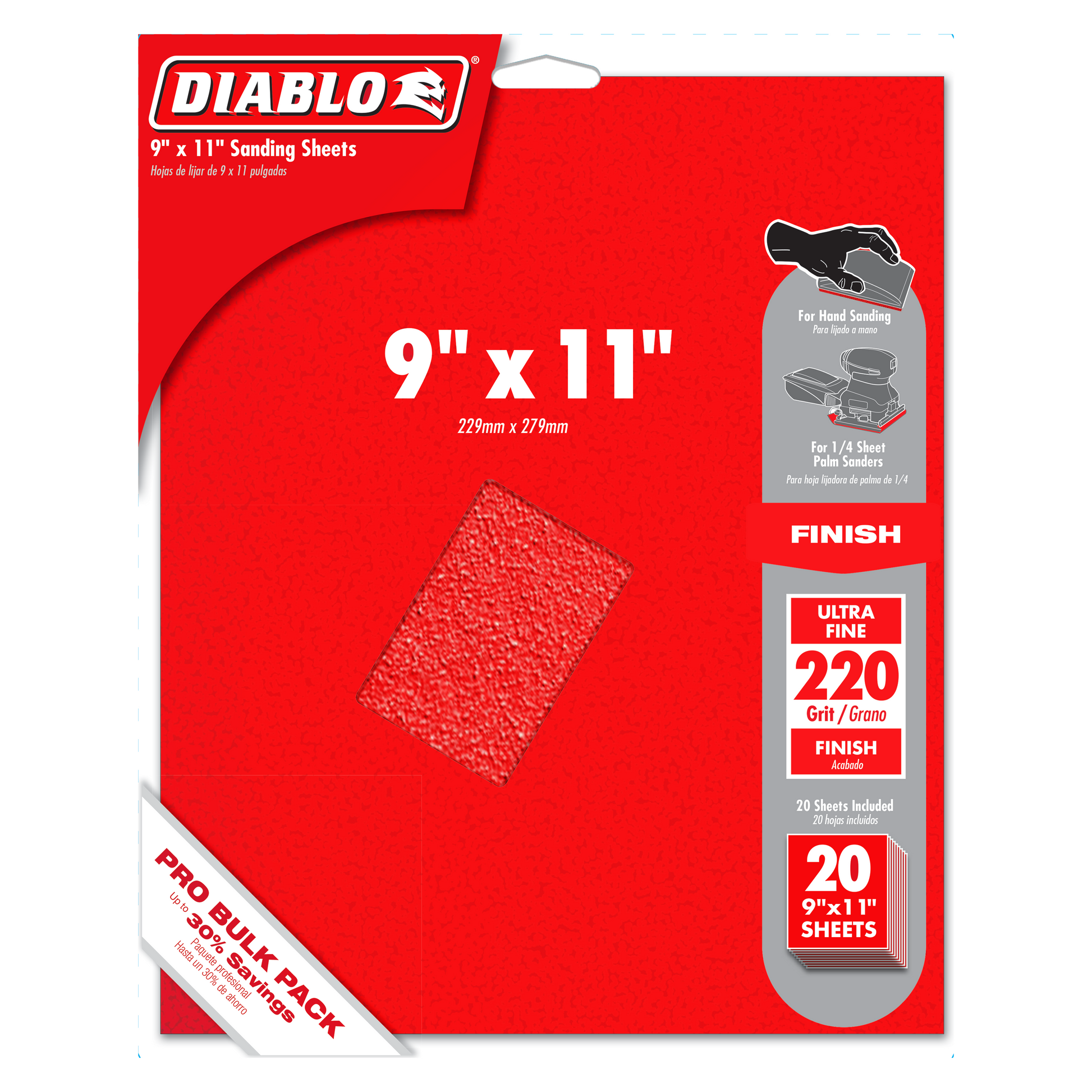 Red Diablo packaging containing 20 sanding sheets sized 9" x 11" with 220-grit ultra fine texture visible.