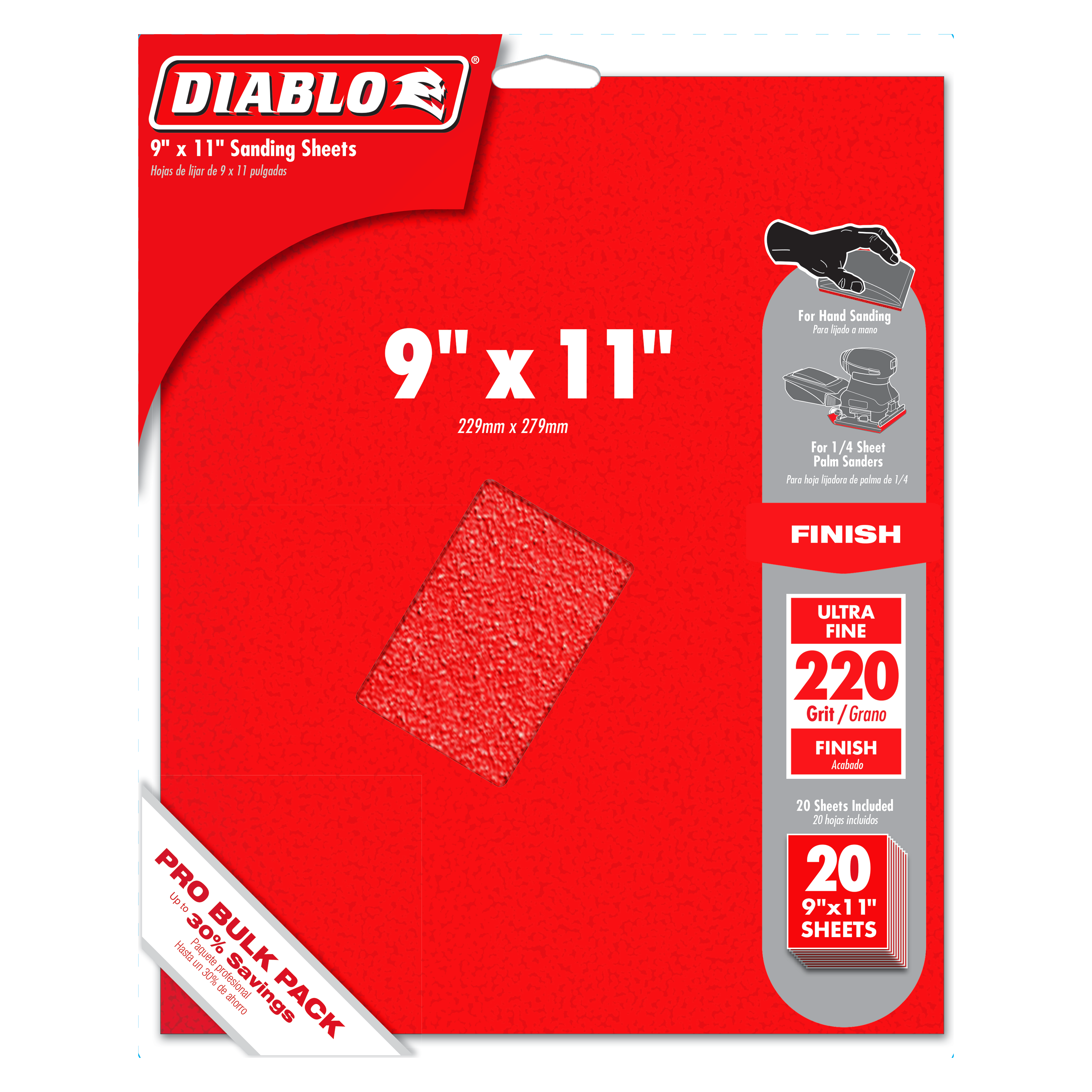 Red Diablo packaging containing 20 sanding sheets sized 9" x 11" with 220-grit ultra fine texture visible.