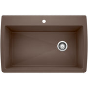 Cafe brown single bowl kitchen sink with rounded corners, drain, and faucet hole viewed from above.
