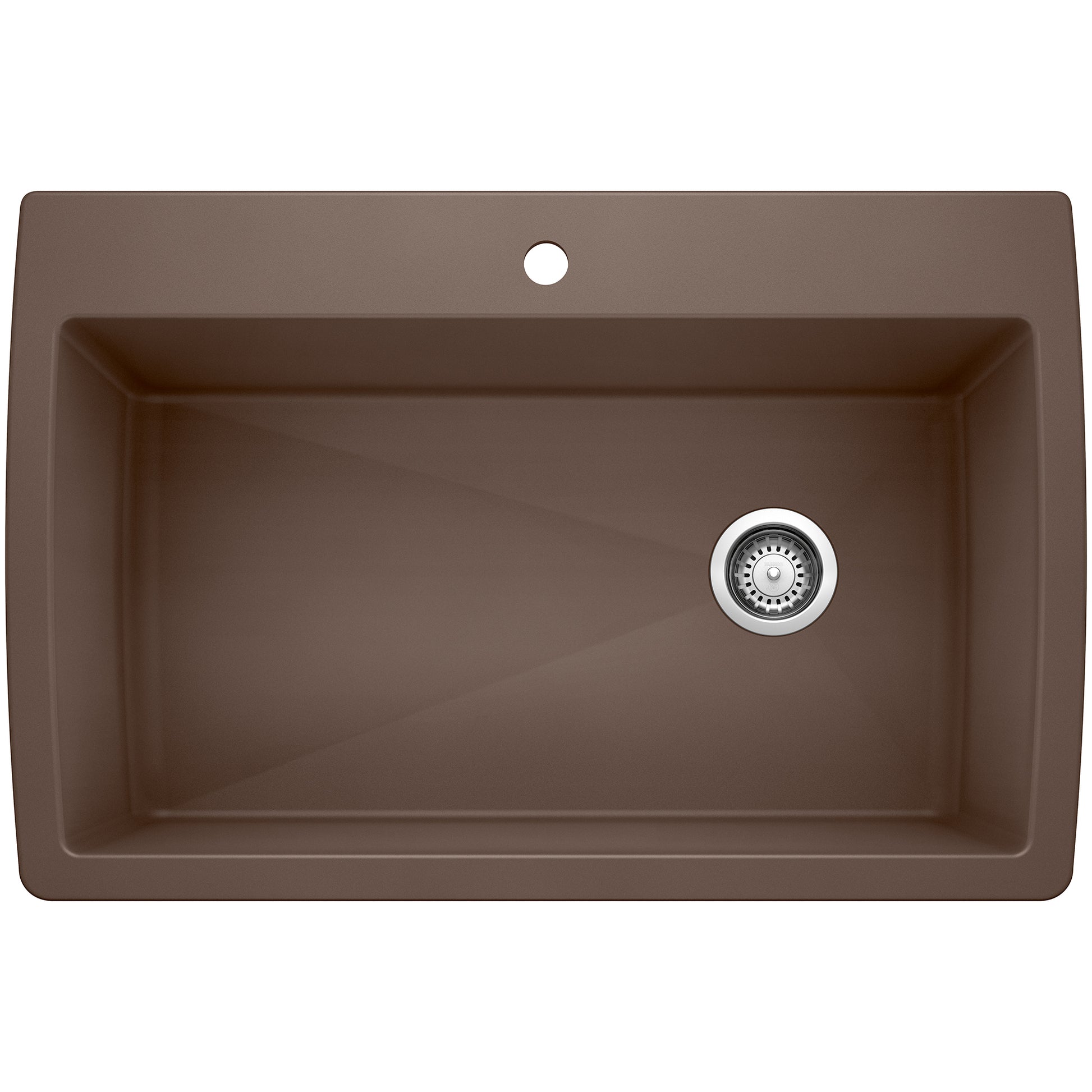 Cafe brown single bowl kitchen sink with rounded corners, drain, and faucet hole viewed from above.