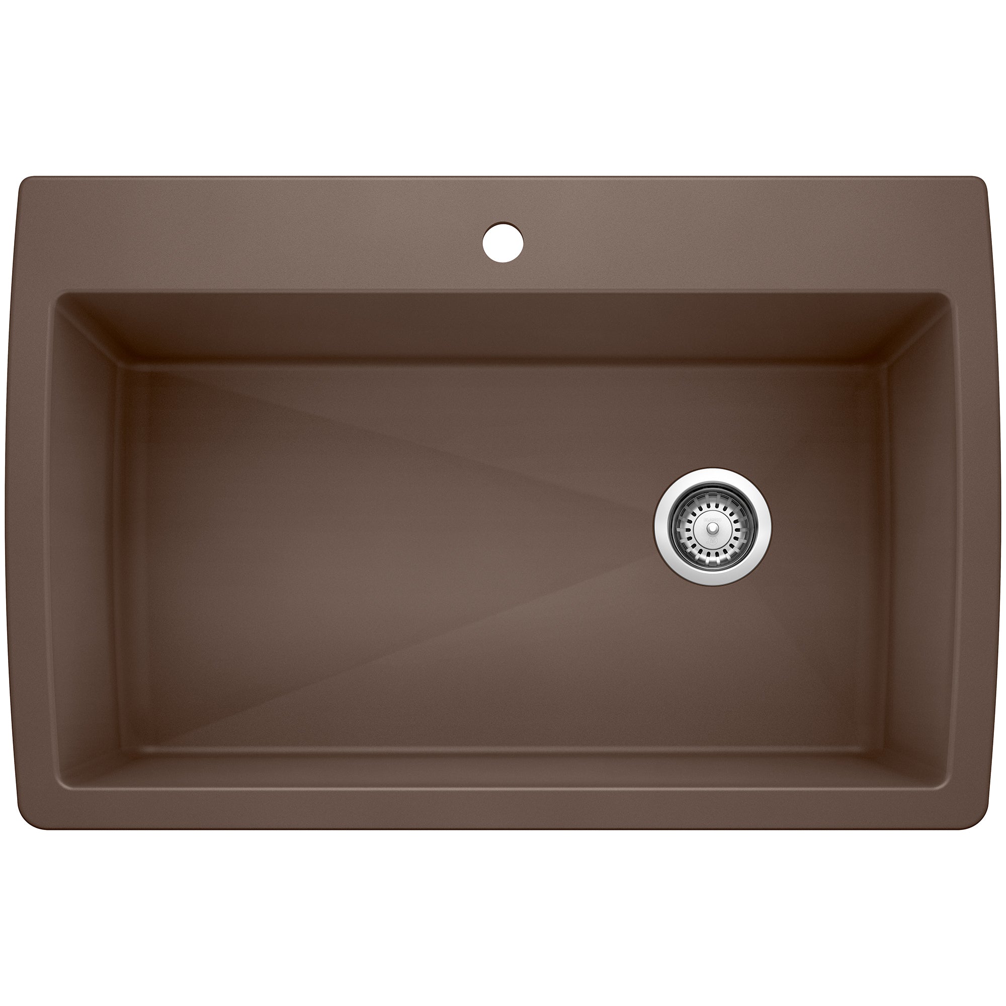 Cafe brown single bowl kitchen sink with rounded corners, drain, and faucet hole viewed from above.