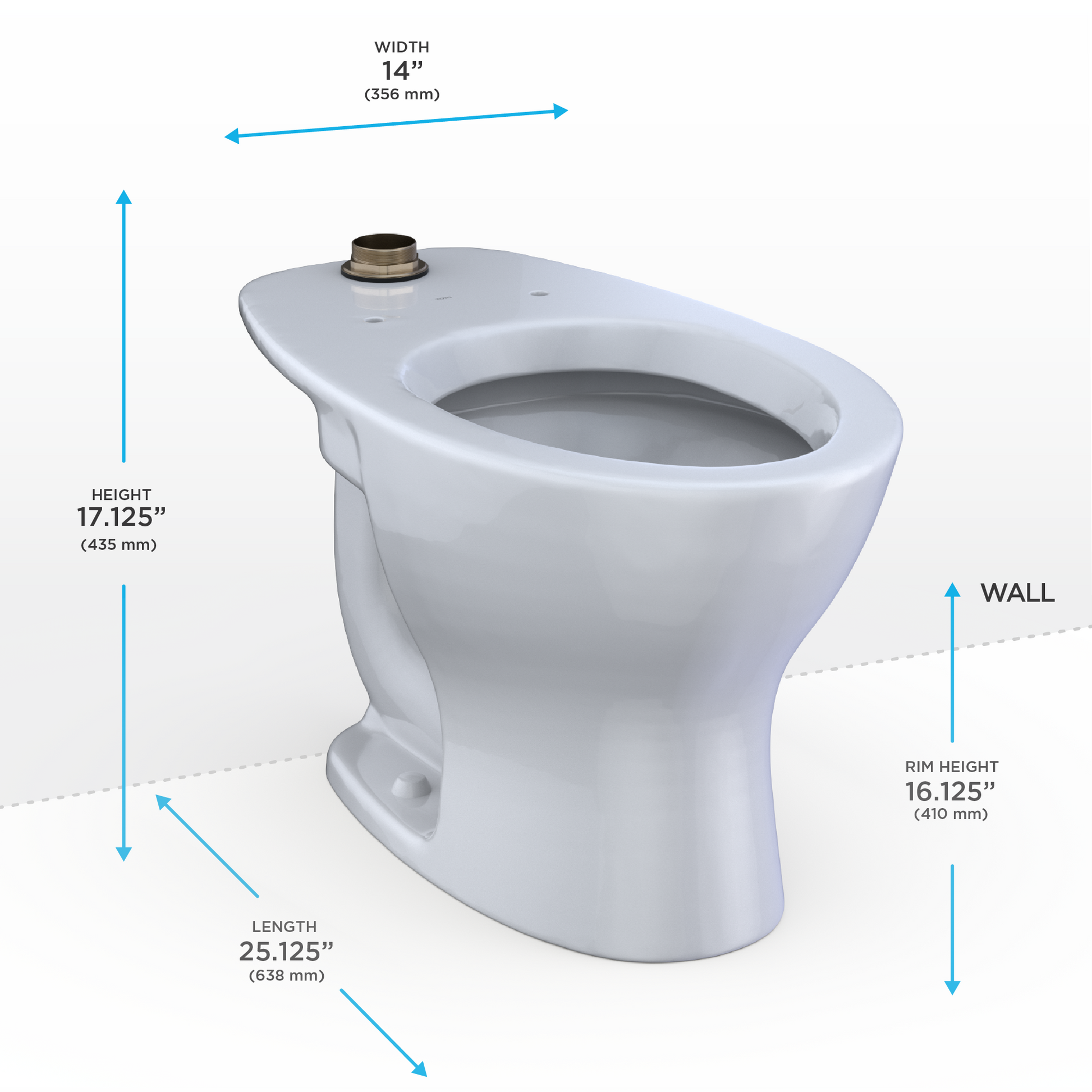 White elongated commercial toilet bowl with flushometer connection, dimensions shown, cotton finish.