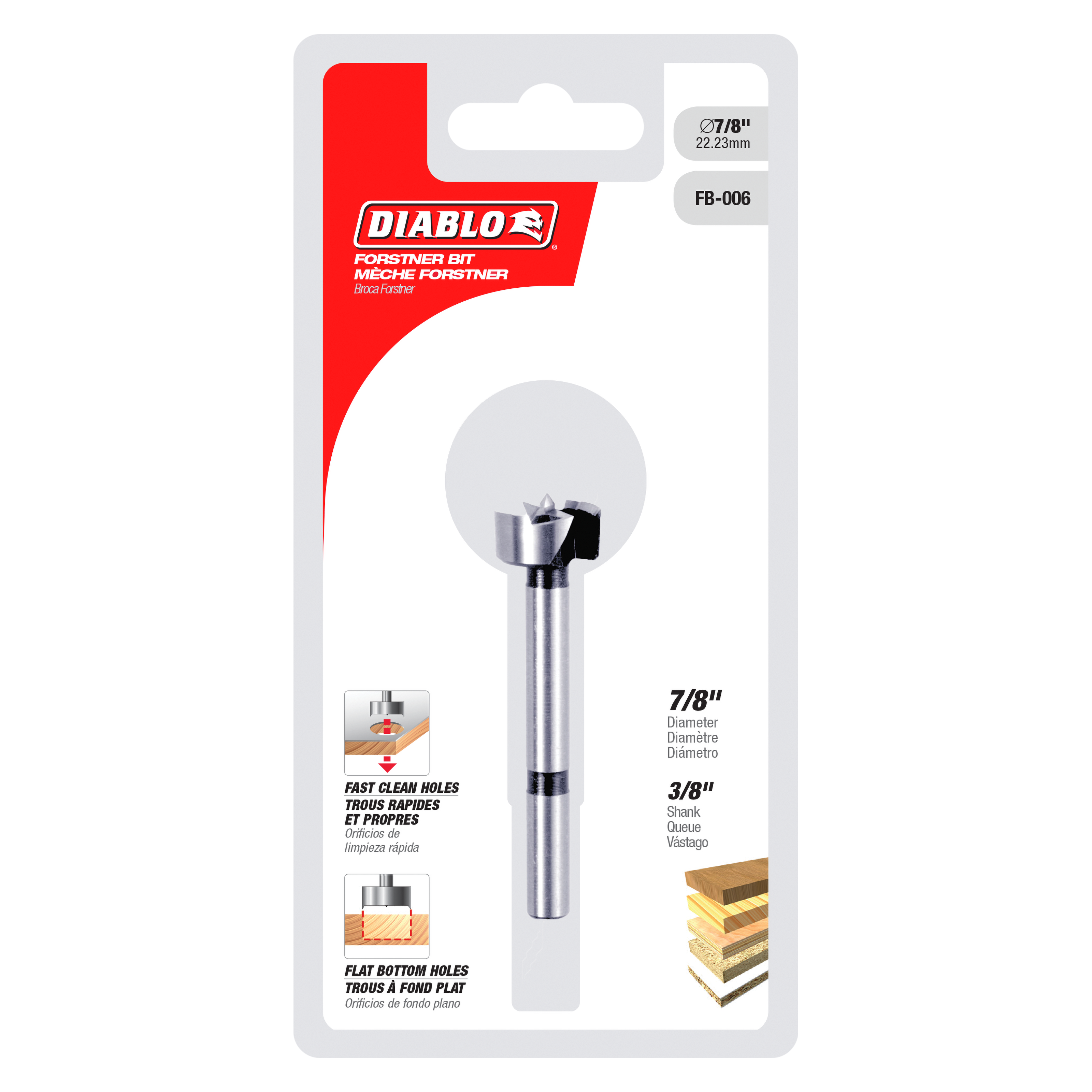 Diablo FB-006 forstner bit with 7/8 inch diameter and 3/8 inch shank on retail packaging.