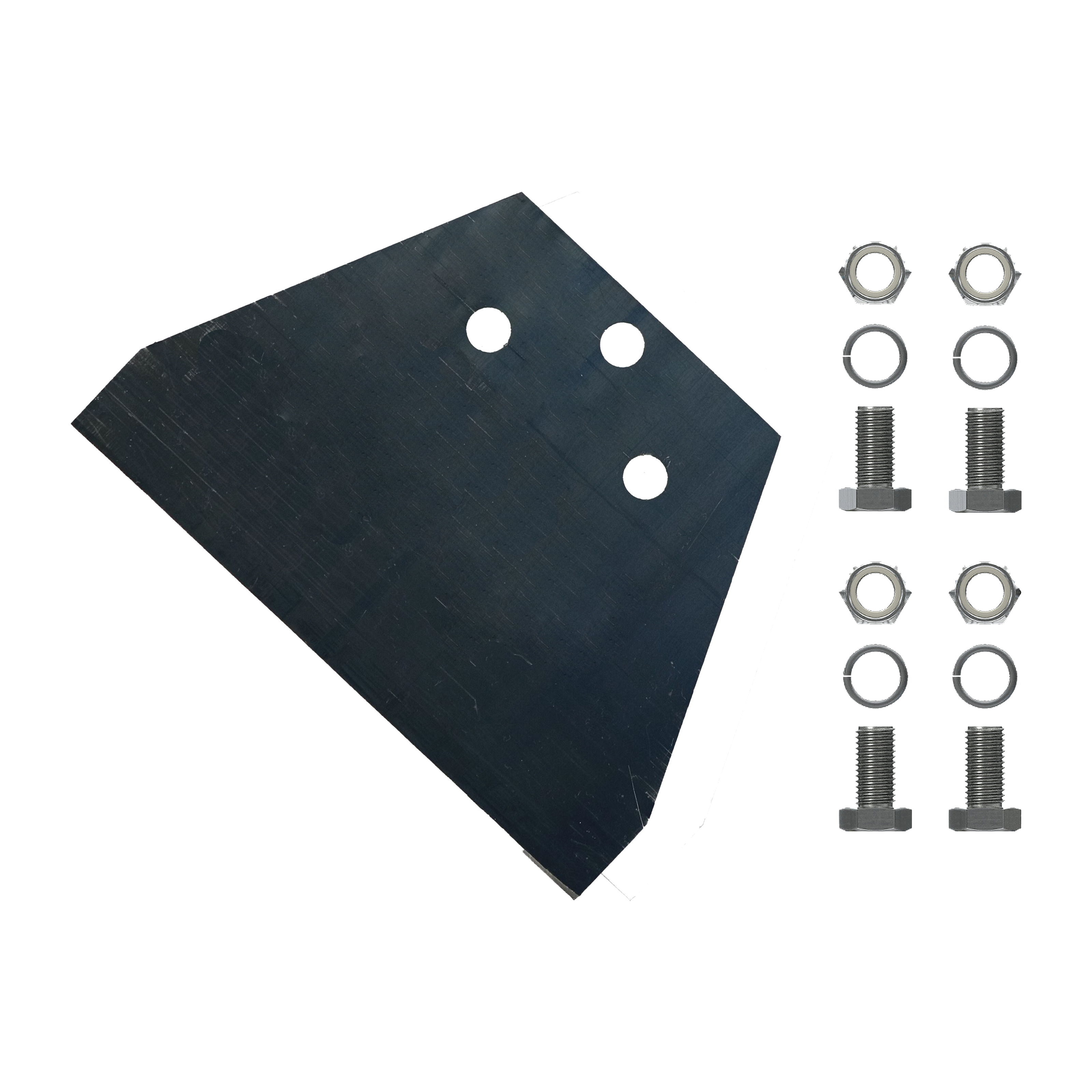 Black trapezoidal scraper blade with three holes and four bolts with washers and nuts displayed separately.