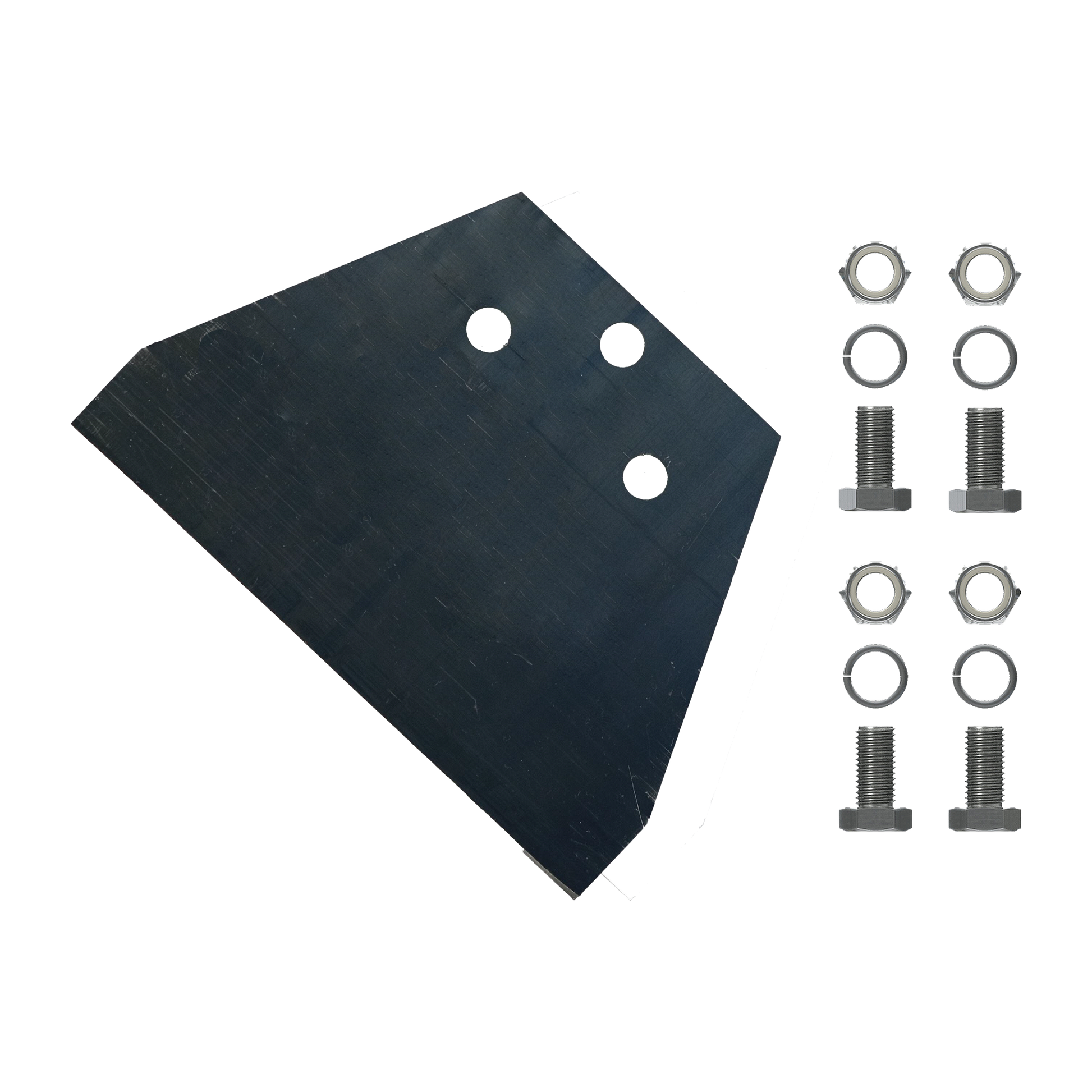 Black SDS-Max floor scraper blade with mounting holes and four bolts with washers and nuts.