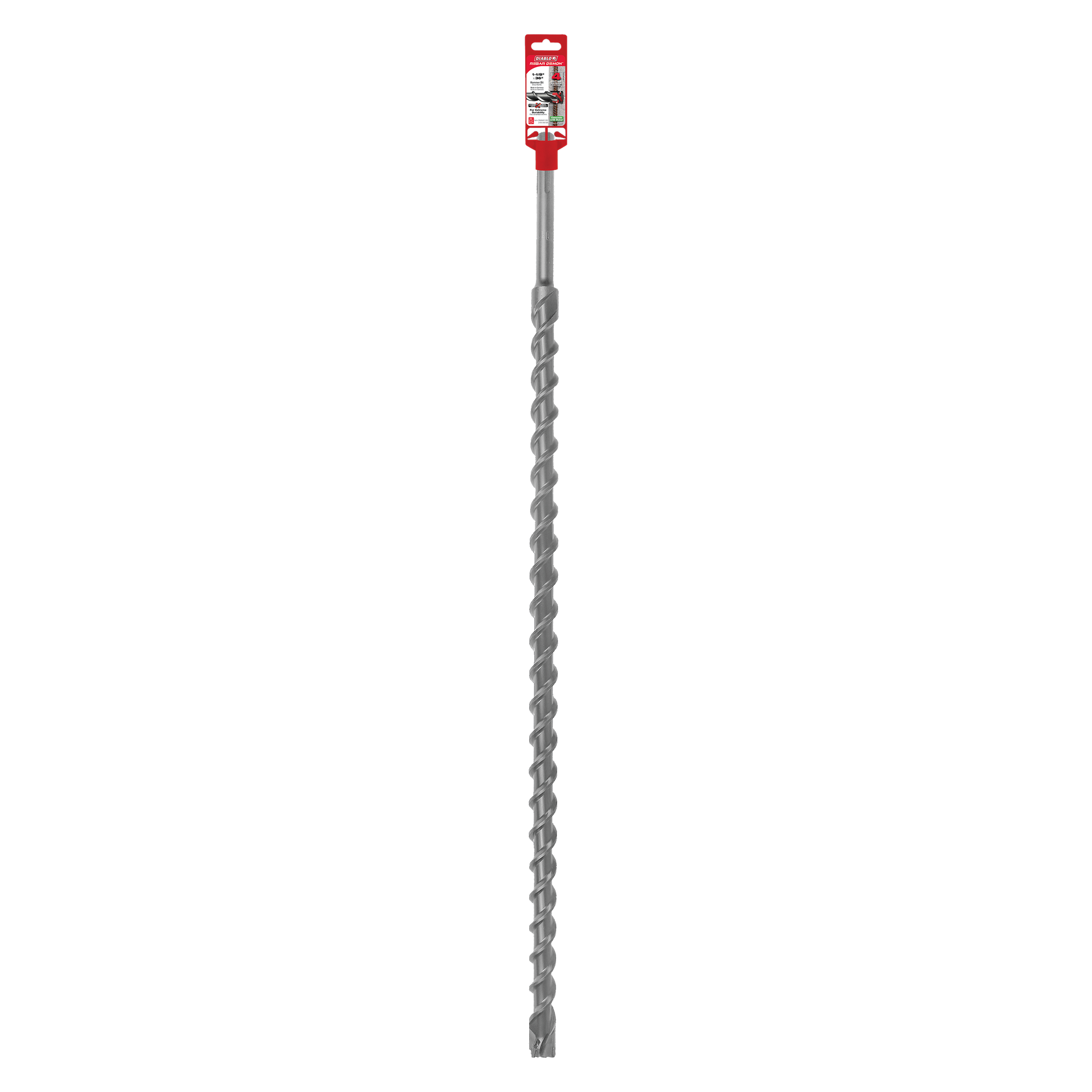 Long metal SDS-Max hammer drill bit with spiral flutes and red packaging label at top.